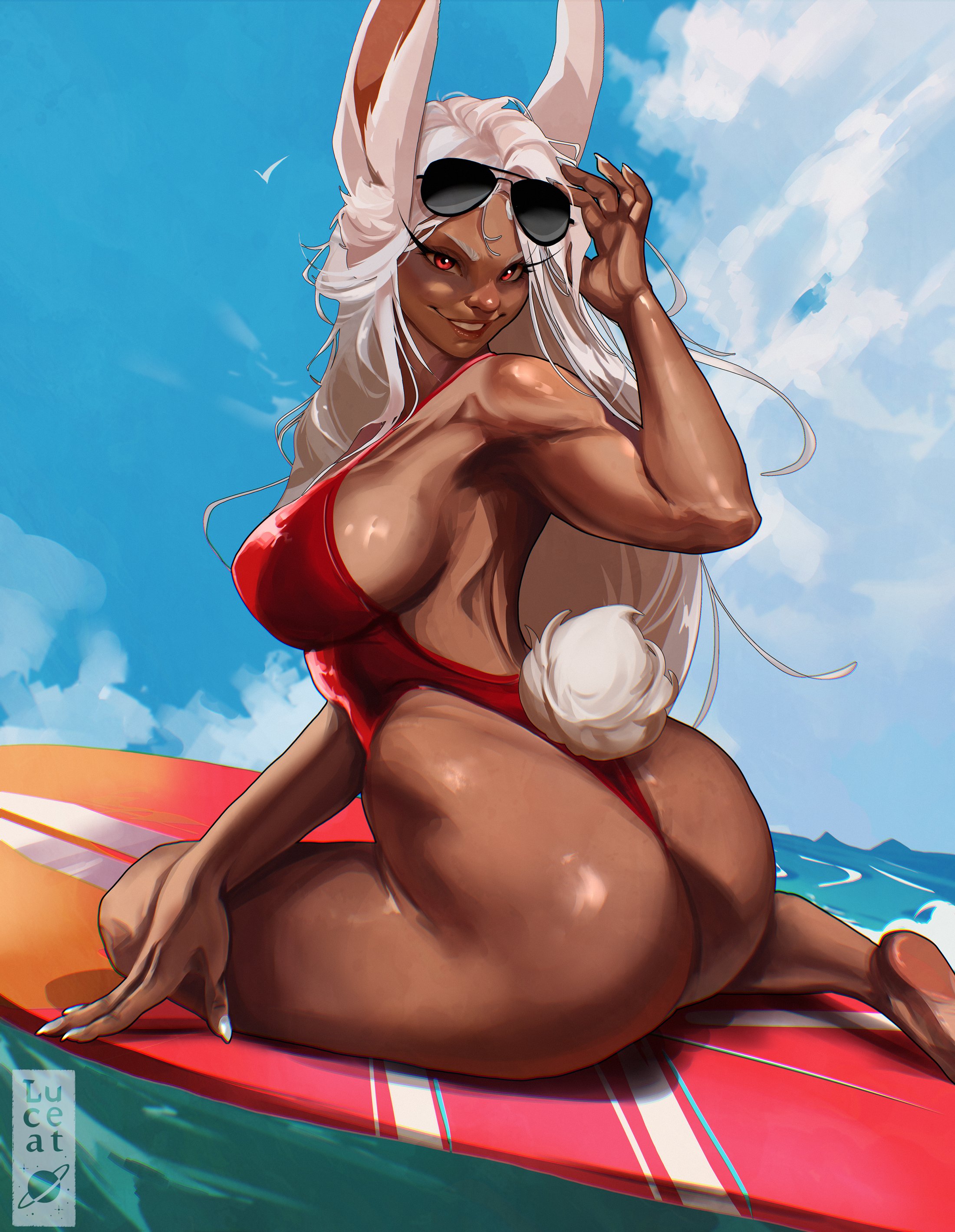 ass, breasts, bunny ears, dark skin, female, female only, luceat, miruko, my hero academia, one-piece swimsuit, red eyes, sideboob, sunglasses, surfboard, swimsuit