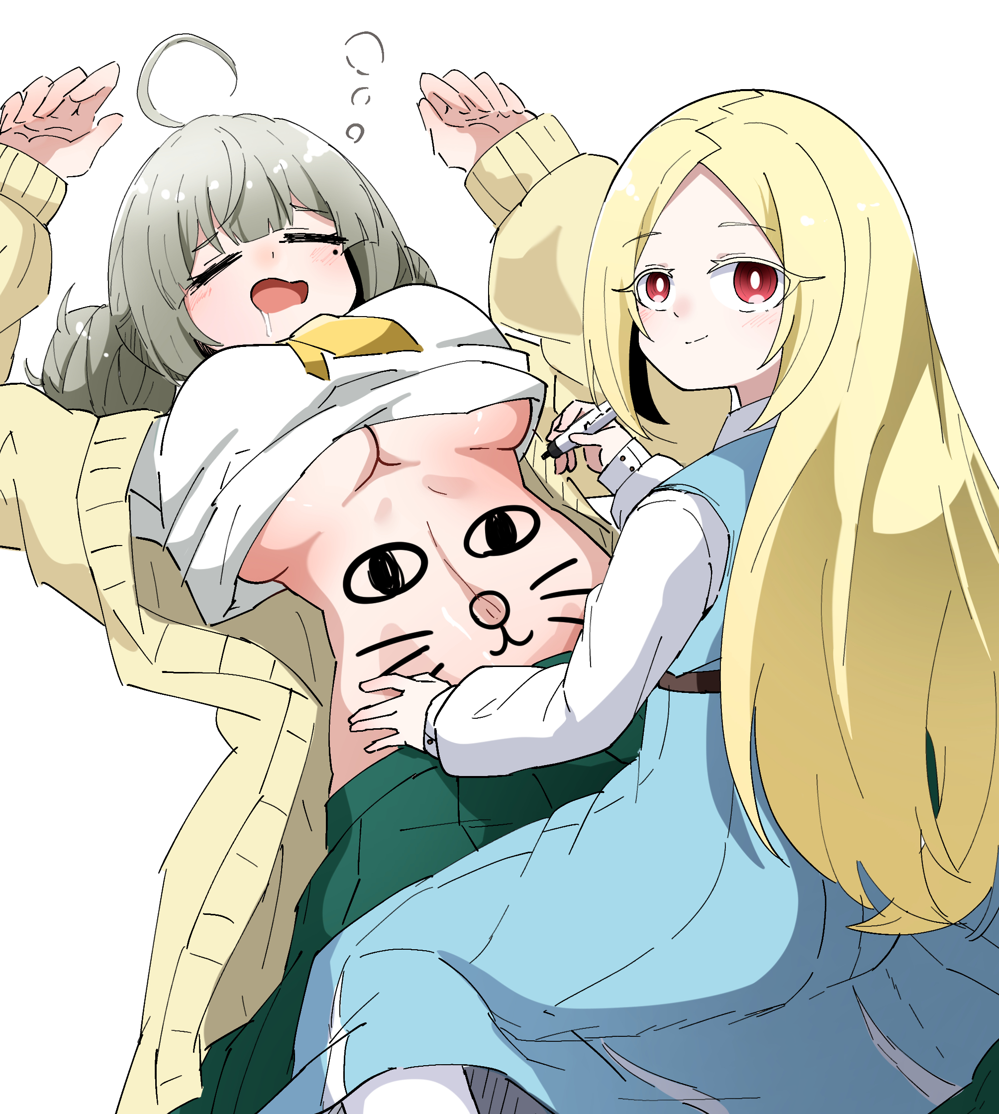 2girls, araga kiwi, blush, breasts, cat face, closed eyes, closed mouth, curvy, drawing on body, female, from behind, huge breasts, looking back, mahou shoujo ni akogarete, morino korisu, multiple females, multiple girls, prank, shirt lift, sleeping, smile, underboob, voluptuous