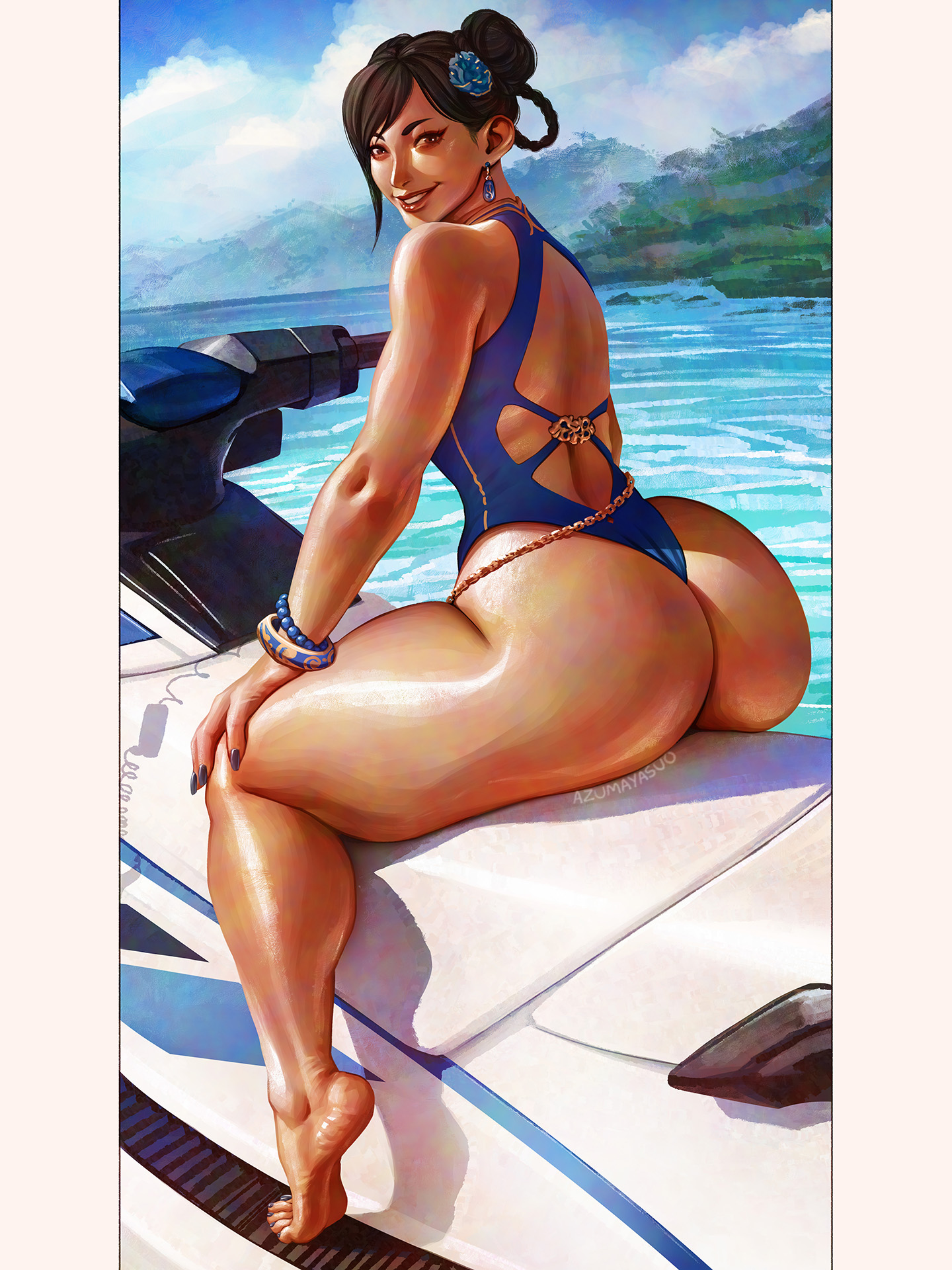 1girls, asian, asian female, azuma yasuo, azumaarts, barefoot, beach, big breasts, bikini, black nail polish, black nails, black toenails, breasts, brown hair, brunette hair, bubble butt, busty, capcom, child bearing hips, chinese, chinese female, chun-li, curvaceous, curves, curvy, curvy body, curvy female, curvy hips, feet, female, female only, hair buns, hips, huge ass, huge breasts, large breasts, light skin, light-skinned female, looking over eyewear, looking over sunglasses, mature female, milf, paag, street fighter, street fighter 6, swimsuit, swimwear, thick, thick legs, thick thighs, wide hips, wrinkled feet, wrinkled soles