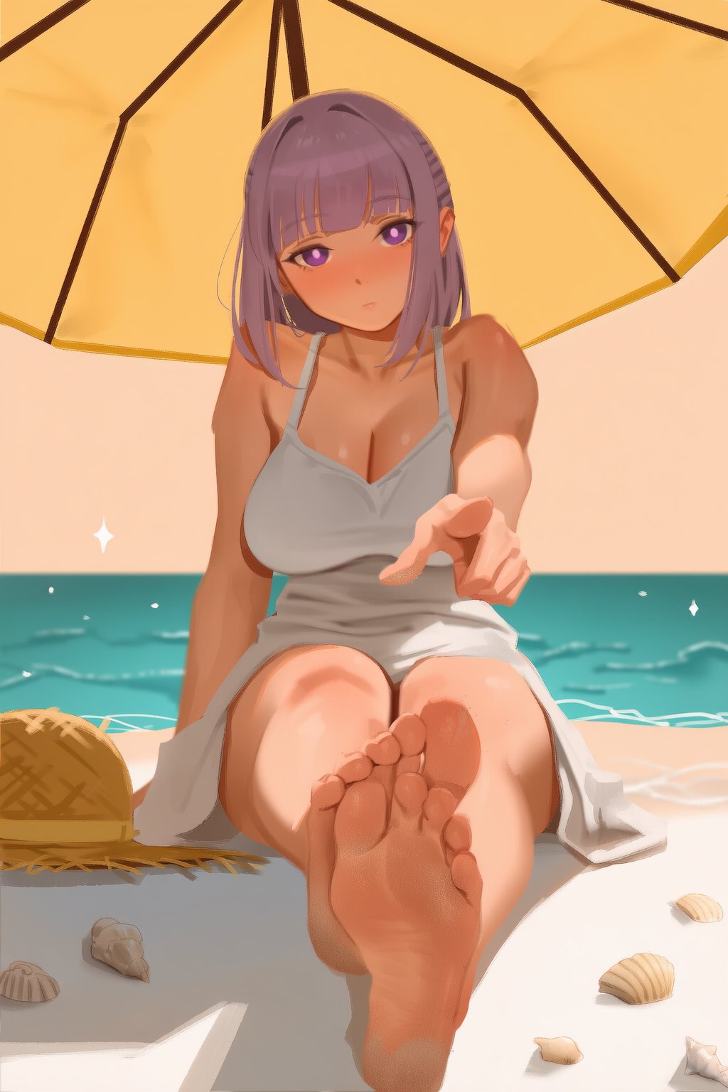 1girls, ai assisted, bangs, beach, big breasts, breasts, cleavage, dress, feet, feet together, female, fern (sousou no frieren), foot fetish, large breasts, looking at viewer, parasol, pointing, pointing at viewer, purple eyes, purple hair, randomscribblas, sand, seashell, shade, sitting, sousou no frieren, straw hat, sundress, toes, umbrella, under shade