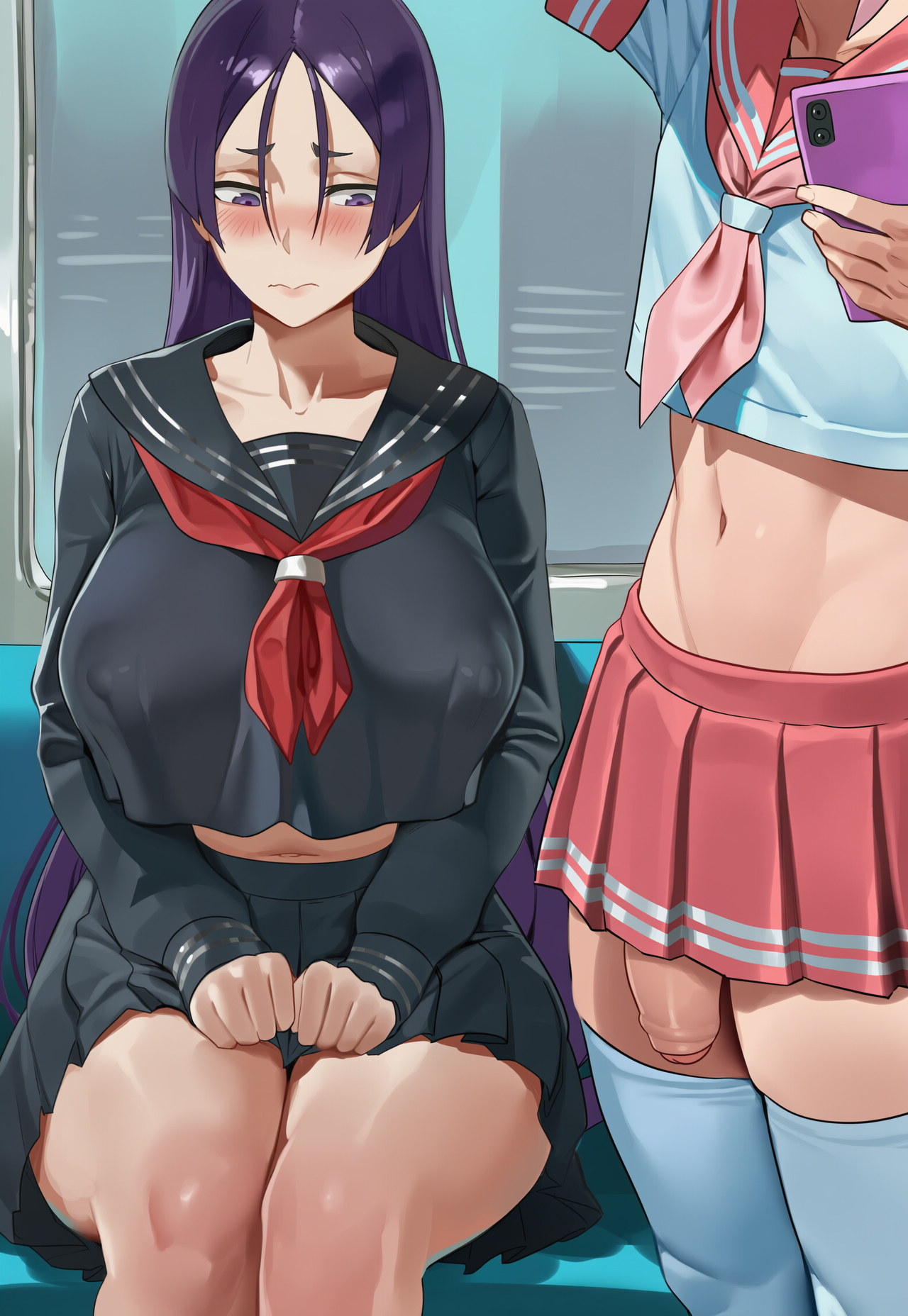 1boy1girl, ai generated, astolfo (fate), astolfo (sailor paladin) (fate), big breasts, blush, breasts, covered nipples, fate (series), fate/grand order, female, femboy, foreskin, huge breasts, hung trap, jagat ai, large breasts, large penis, long hair, looking at penis, male, male/female, minamoto no raikou (fate/grand order), otoko no ko, out of frame, penis, penis awe, penis peek, penis under skirt, pink hair, purple eyes, purple hair, school uniform, schoolgirl, short skirt, sitting, skirt, standing, thighhighs, toned, train, train interior, uncircumcised
