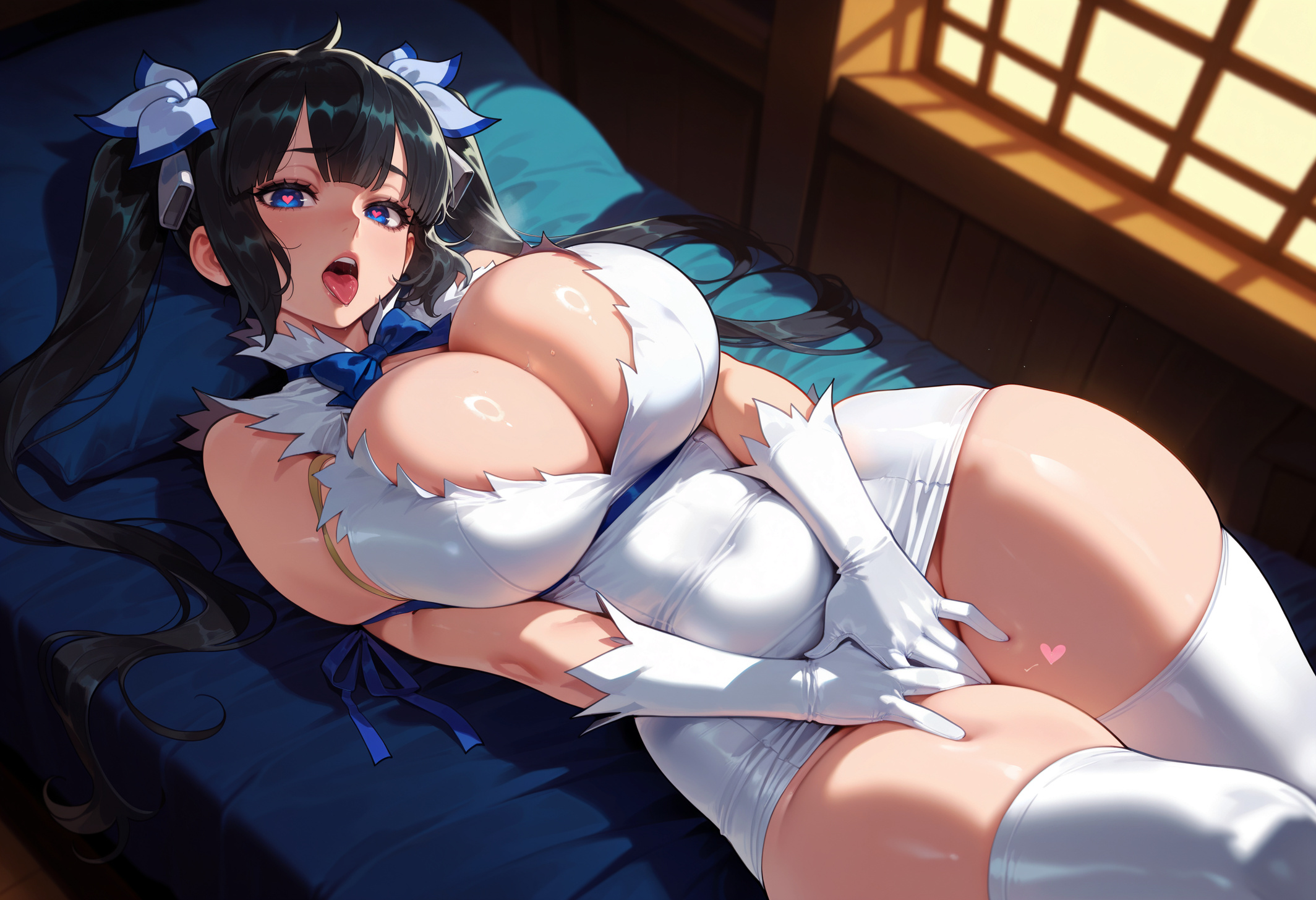 1girls, ai generated, balecxi, bangs, bare shoulders, bed, bed sheet, black hair, blue eyes, blue ribbon, blush, breasts, cleavage, cleavage cutout, clothing, covered navel, covering crotch, covering privates, curvaceous, curvaceous female, curvaceous figure, curvy, curvy figure, dress, dungeon ni deai wo motomeru no wa machigatteiru darou ka, female, female focus, female masturbation, female only, gloves, hair ornament, hair ribbon, head on pillow, heart-shaped pupils, hestia (danmachi), huge breasts, indoors, inviting, large breasts, legwear, long hair, looking at viewer, lying, masturbation, on back, on bed, open mouth, panties, pencil dress, pillow, presenting, presenting ass, presenting breasts, presenting hindquarters, presenting pussy, presenting self, pussy, rei no himo, ribbon, seductive, seductive look, seductive smile, short dress, skindentation, sleeveless dress, solo, symbol-shaped pupils, thick thighs, thighhighs, thighs, tight clothes, tongue, tongue out, twintails, underwear, voluptuous, voluptuous female, white dress, white gloves, white legwear, white panties, white thighhighs, wide hips