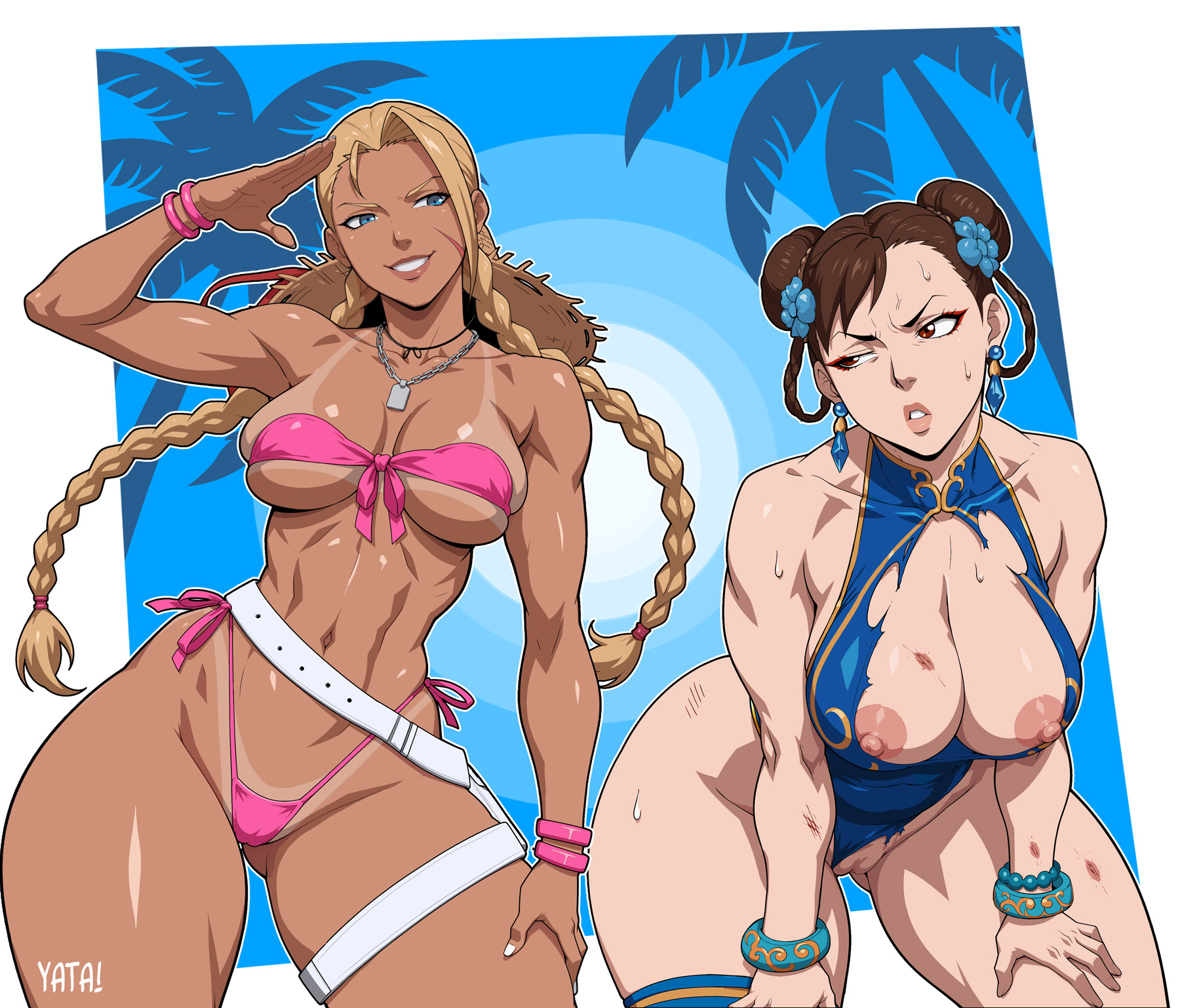 2girls, abs, after battle, belt, big breasts, bikini, blue one-piece swimsuit, bracelet, braid, braided hair rings, breasts, cammy white, chun-li, double bun, female, hair bun, hair rings, hat, hat on back, highleg, highleg one-piece swimsuit, jewelry, large breasts, low twin braids, multiple females, multiple girls, muscular, muscular arms, muscular female, nipple slip, nipples, official alternate costume, official alternate hairstyle, one-piece swimsuit, paid reward available, pink bikini, pussy, side-tie bikini bottom, speech bubble, straw hat, street fighter, street fighter 6, sweat, swimsuit, tan, tan skin, tanlines, thick thighs, thighs, thong bikini, toned, toned female, torn clothes, torn swimsuit, twin braids, very sweaty, white belt, yatagarasupen