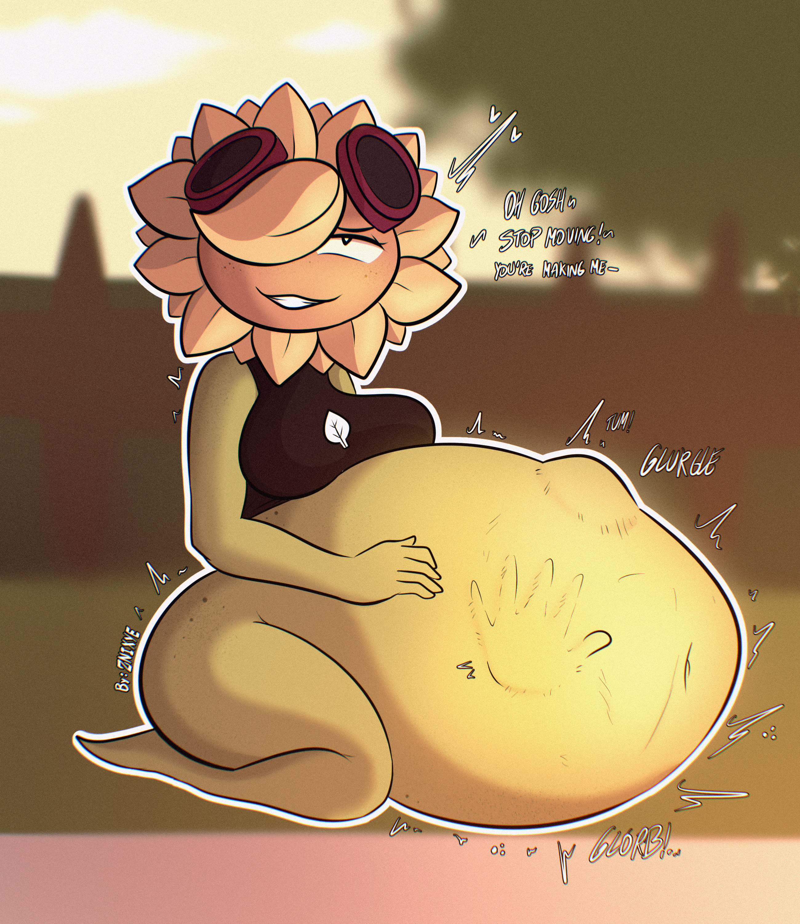 1girls, ass, belly, belly bulge, breasts, female, female only, female pred, flora fauna, plant, plants vs zombies, plants vs. zombies, popcap games, pred, solar flare (pvz), sunflower (pvz), vore, vore belly, znixye