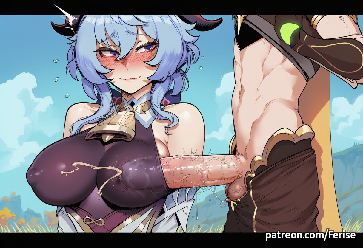 1boy, 1girls, absurd res, absurdres, aether (genshin impact), ai generated, balls, big breasts, big penis, blonde hair, blonde male, blue hair, bodysuit, breasts, bulge, bulge through clothing, bulging breasts, cum, cum drip, cum inside, cum on body, cum on breasts, cum through, cum through clothes, cum through clothing, cumshot, female, female focus, ferise, ganyu (genshin impact), genshin impact, high resolution, highres, horns, huge breasts, huge cock, large boobs, large breasts, large penis, long hair, male, male/female, nipple bulge, outside, outside sex, paizuri, penis, short hair, side view, sky, titfuck under clothes