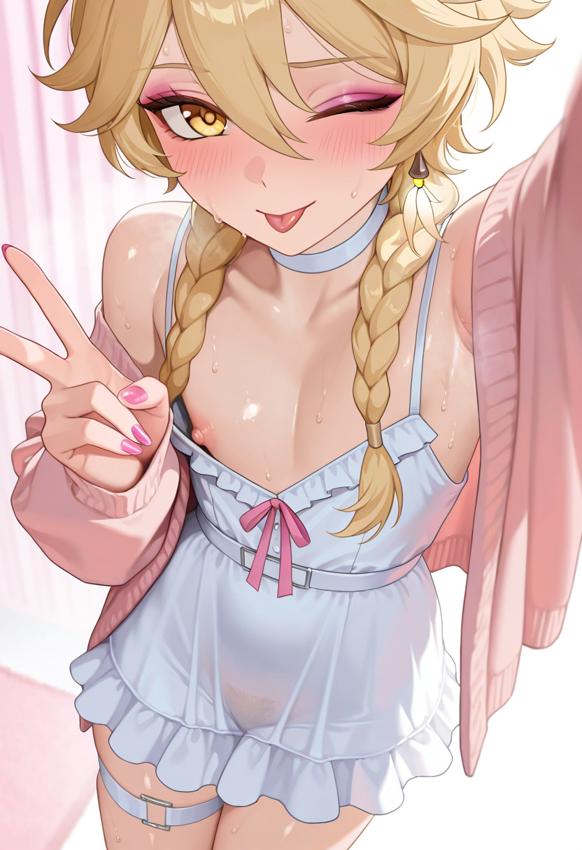 aether (genshin impact), ai, ai art, ai assisted, ai generated, blonde hair, blush, boy, braided hair, cardigan, crossdressing, eyeshadow, femboy, flat chest, flat chested, gay, genshin impact, lipstick, looking at viewer, makeup, neronaai, nipples, otoko no ko, peace sign, steam, steaming, sweat, sweating, teasing, tongue, tongue out, winking, winking at viewer
