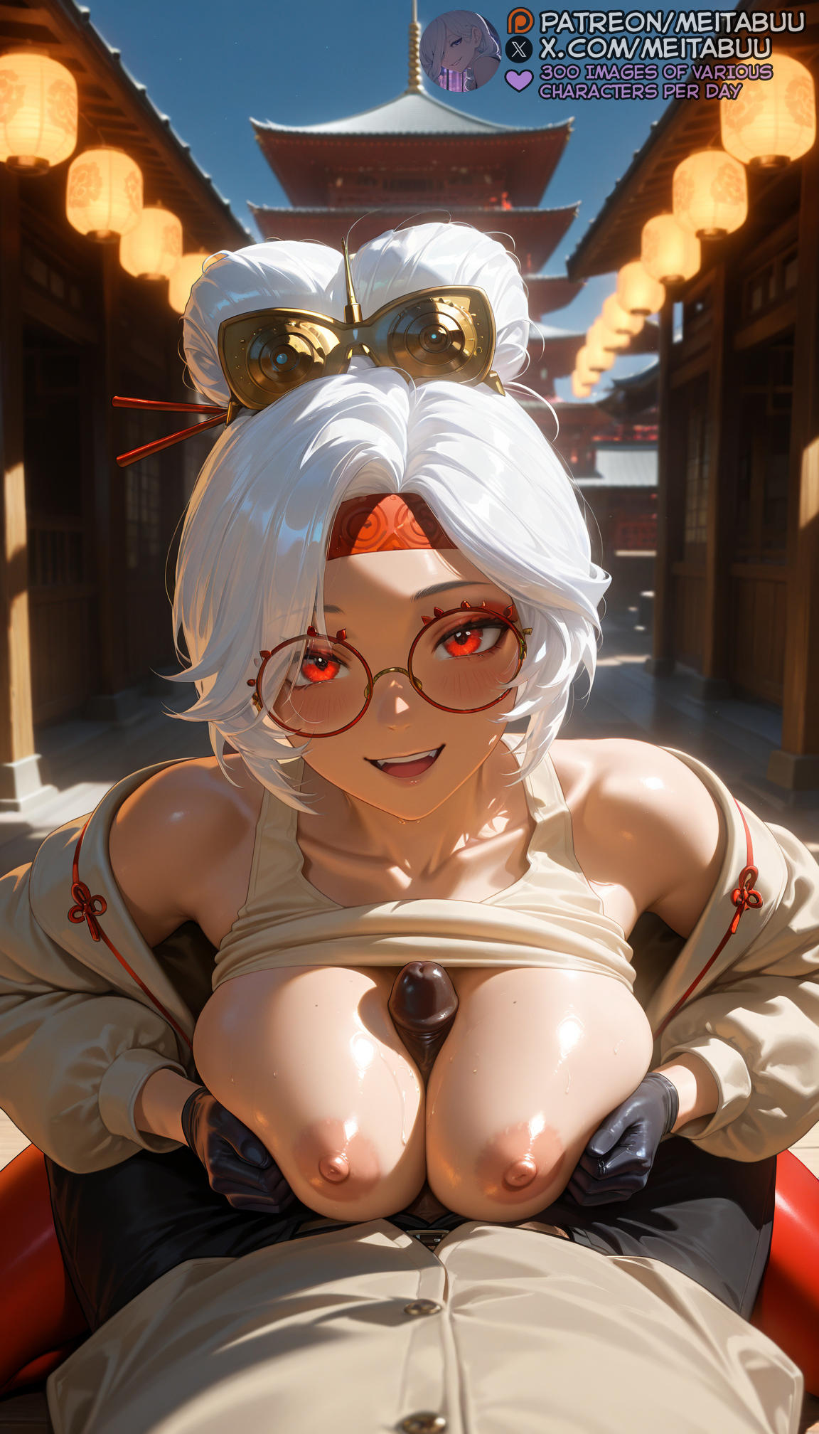 :d, 1boy, 1girls, ai generated, architecture, bare shoulders, black gloves, blush, breasts, breasts squeezed together, clothes lift, collarbone, east asian architecture, erection, eyeshadow, female, glasses, gloves, hair ornament, hair stick, jacket, lantern, large breasts, looking at viewer, makeup, male, mask on head, meitabuu, nipples, off shoulder, open mouth, outdoors, pagoda, paizuri, paizuri lead by female, pants, pantyhose, penis, pov, pov crotch, purah, purah (tears of the kingdom), red eyes, red eyeshadow, red headband, red pantyhose, red-framed eyewear, round eyewear, sheikah, shirt, shirt lift, shirt up, smile, solo focus, straight, sweat, tank top, tears of the kingdom, teeth, the legend of zelda, uncensored, upper teeth only, white hair, white jacket, white shirt