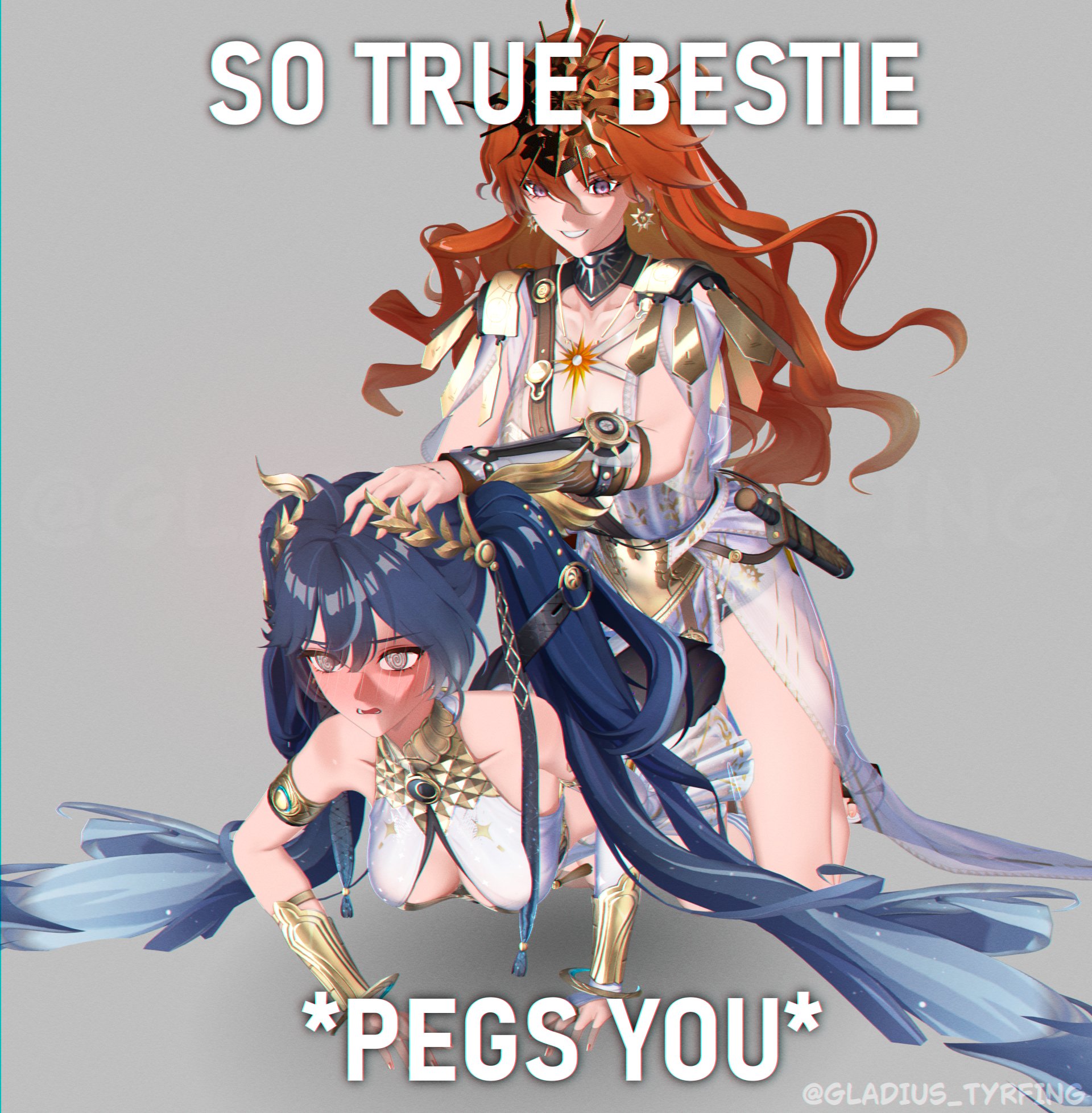 3d, 3d (artwork), augusta (wuthering waves), blush, caption, clothed, clothed sex, clothes, clothing, dominant female, dubious consent, female, female focus, female only, fucked from behind, hair pull, hair pulling, implied penetration, implied sex, iuno (wuthering waves), larger female, meme, shorter female, smaller female, strap-on, strapon, submissive female, taller female, wuthering waves, yuri