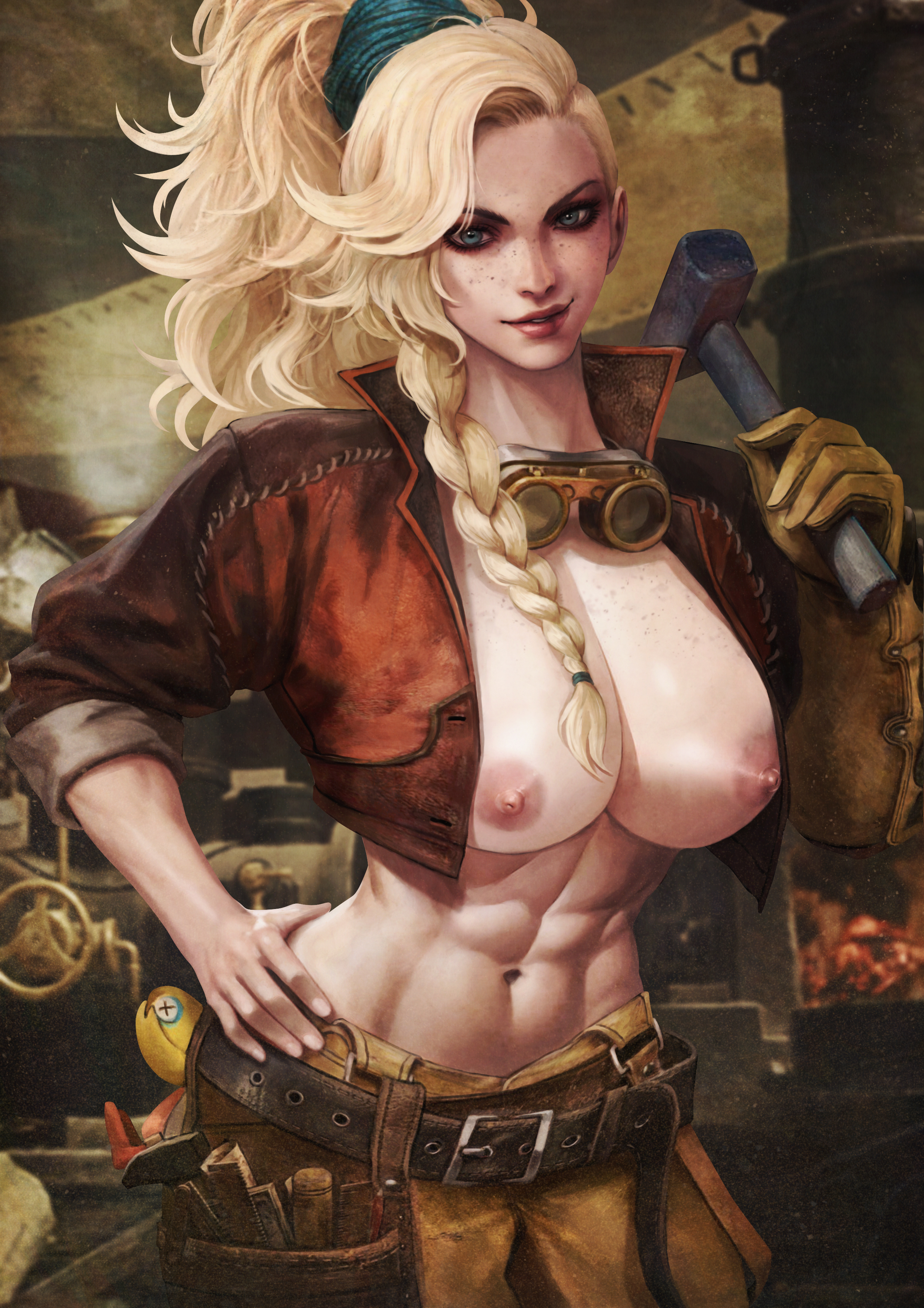 1girls, abs, absurd res, blonde hair, blue eyes, body freckles, breasts, cleavage, clothed, female, freckles, gemma (monster hunter wilds), hammer, hand on hip, highres, human, large breasts, mascara, midriff, monorirogue, monster hunter, monster hunter wilds, ponytail, side braid, single glove, solo, tool belt, tools