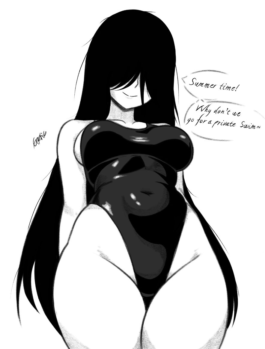arms behind back, belly, breasts, closed mouth, commentary, covered eyes, english commentary, english text, female, ghost girl, graphicthereal, greyscale, groin, hair over eyes, large breasts, monochrome, navel, one-piece swimsuit, signature, simple background, smile, solo, speech bubble, standing, swimsuit, the ring, thick thighs, thighs, white background, yamamura sadako