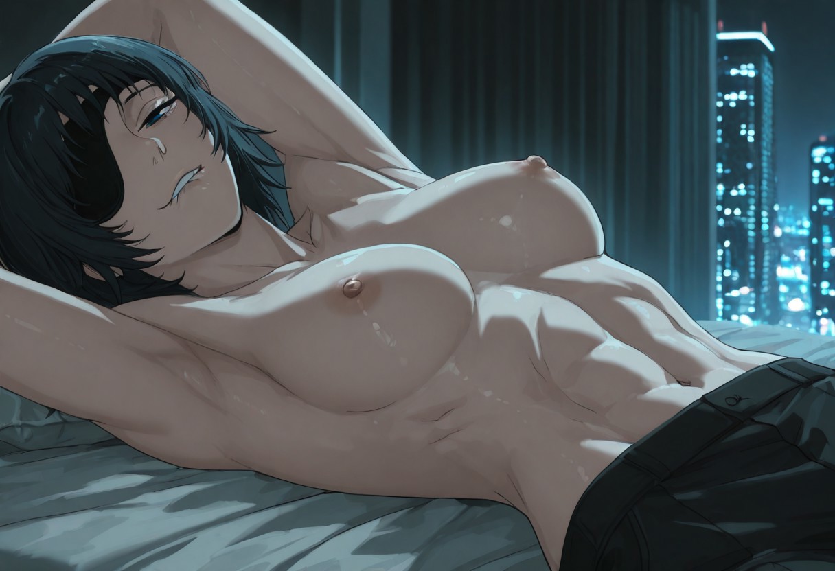 abs, ai generated, areola, areolae, armpits, arms up, bed, bedroom, bedroom eyes, belly, belly button, big breasts, biting lip, biting own lip, black hair, black pants, boobs, breasts, busty, busty female, chainsaw man, cinematic, city background, dark hair, dress pants, eyepatch, female, female focus, female only, fit female, half naked, half-dressed, hands behind head, himeno (chainsaw man), horny, horny female, large breasts, laying down, laying on bed, light skin, light-skinned female, navel, neon lights, nipples, nordinex5, pale skin, pale-skinned female, reclining, seductive, seductive body, seductive eyes, seductive look, seductive pose, seductive smile, sexy pose, shiny skin, shirtless, short hair, solo female, solo focus, stable diffusion, toned body, toned female, topless, topless female, tummy, waiting for sex