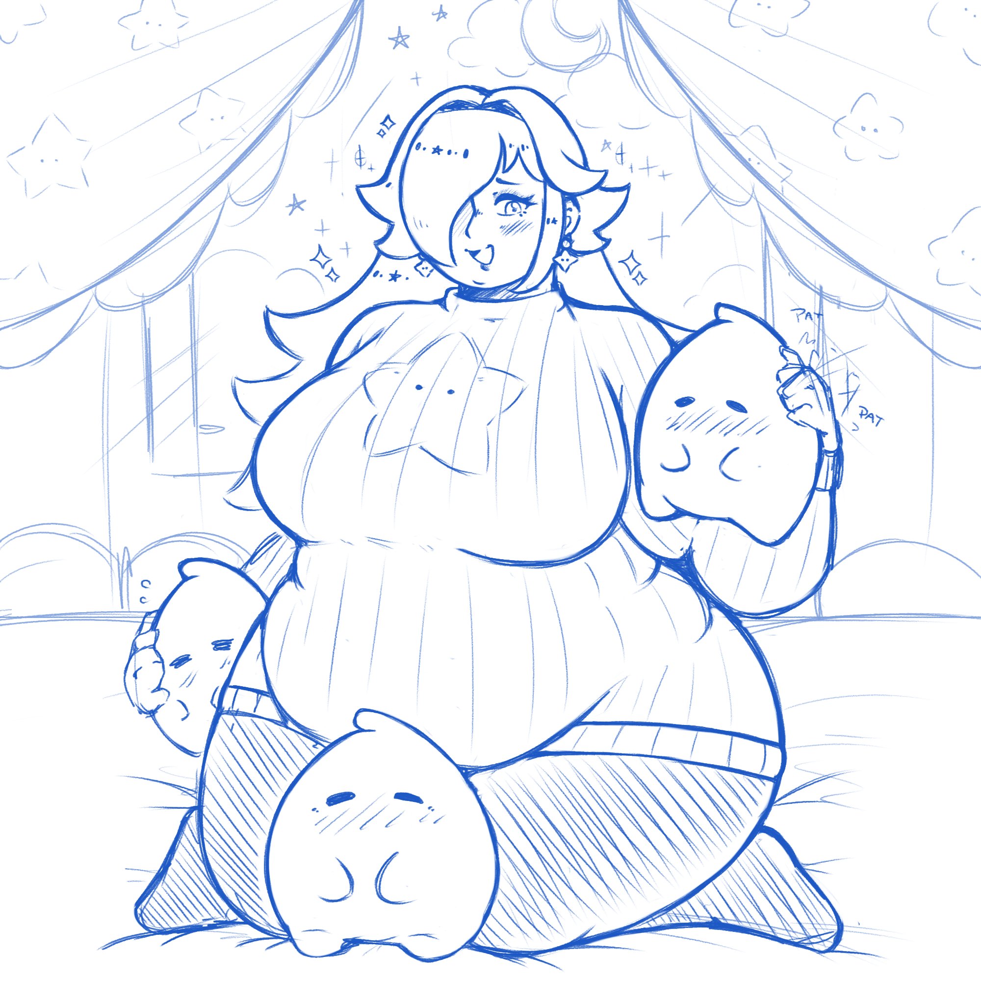 1girls, bed, bedroom, belly rolls, big ass, big belly, big breasts, blush, breasts, clothed, clothed female, cuddling, cute, fat, fat belly, fat female, female, hair over one eye, hands on head, hanging belly, hanging breasts, head pat, hips wider than shoulders, long hair, luma, mario (series), nintendo, obese, obese female, on bed, on knees, overweight, overweight female, princess rosalina, realisticdino (artist), sketch, sparkles, super mario bros., sweater, wide hips