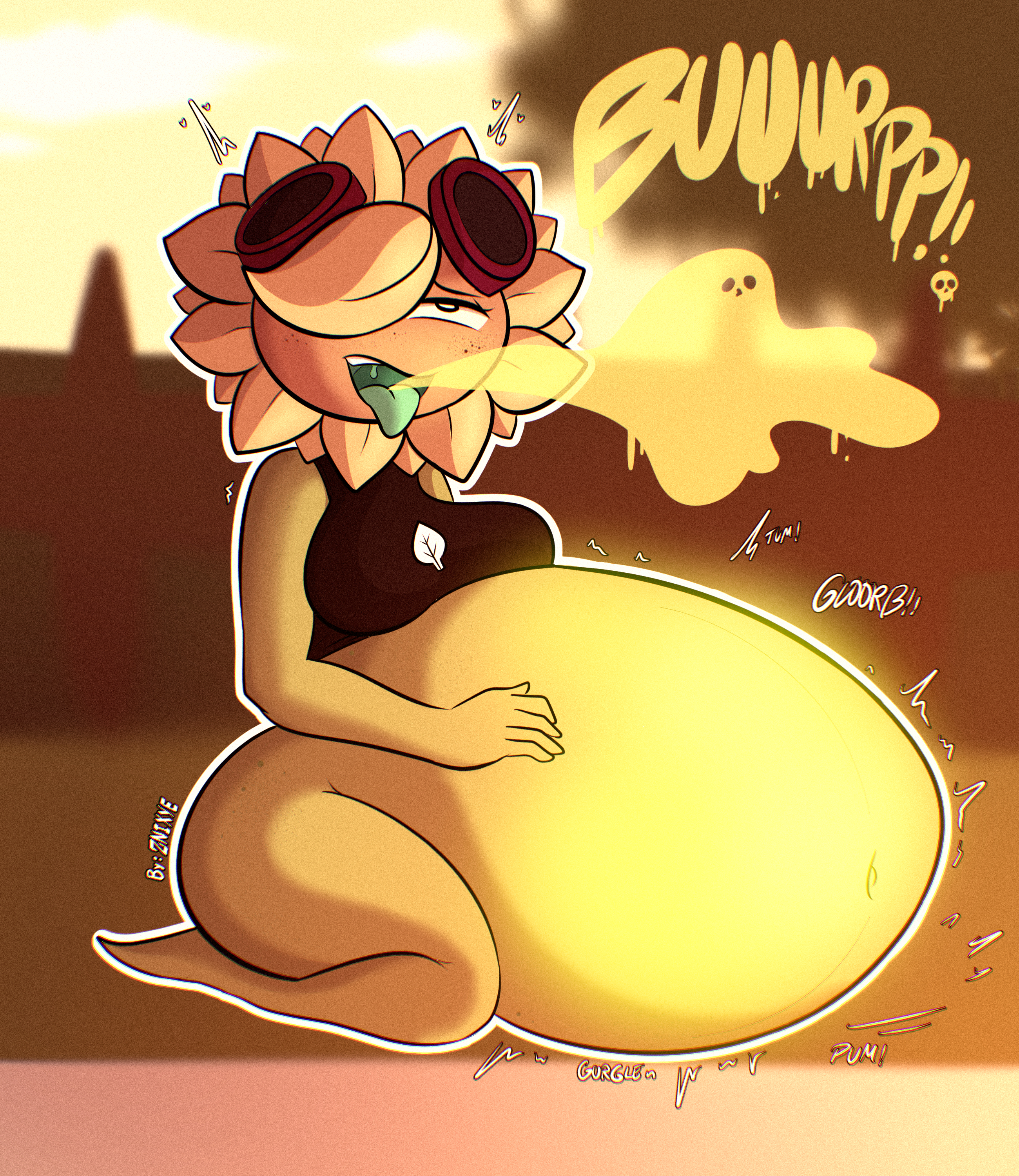 1girls, ass, belly, belly bulge, breasts, female, female only, female pred, flora fauna, plant, plants vs zombies, plants vs. zombies, popcap games, pred, solar flare (pvz), sunflower (pvz), vore, vore belly, znixye