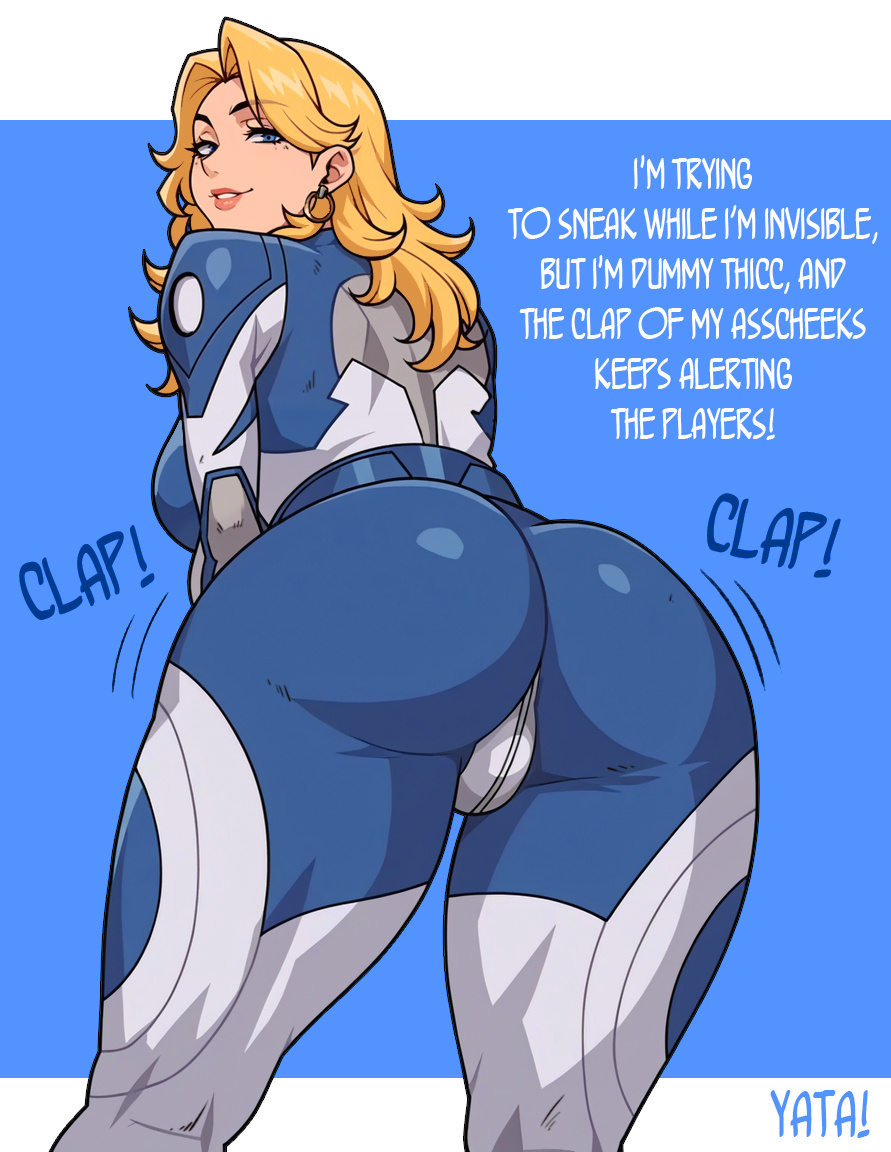 1girls, 2d, absurdres, anal plug, ass, ass focus, athletic, athletic female, belt, big ass, big breasts, big thighs, blonde hair, blue eyes, bodysuit, breasts, butt focus, buttplug, censored, censored nipples, censored pussy, dialogue, earrings, fantastic four, female, female focus, female only, gigantic ass, gigantic thighs, highres, hip dips, hoop earrings, huge ass, huge thighs, invisible woman, invisible woman (marvel rivals), jewelry, large breasts, light-skinned female, long hair, marvel, marvel comics, marvel rivals, milf, nipples, pussy, skintight, smile, solo, sue richards, sue storm, superhero costume, superheroine, tagme, text, thick hips, thick thighs, thighs, white background, yatagarasupen