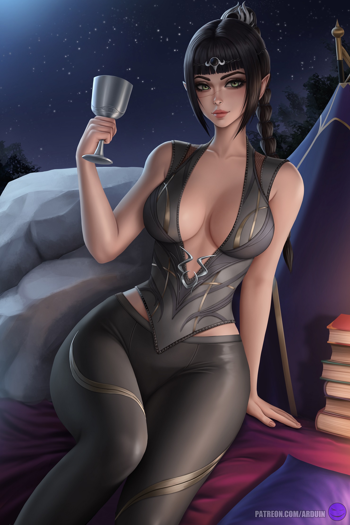 1girls, 2025, 2d, 2d (artwork), adult, adult female, arduin (arduin art), arm support, artist name, baldur's gate, baldur's gate 3, bewitching thighs, big breasts, black hair, black-haired female, boob window, breasts, busty, busty female, child bearing hips, cleavage, clothed, clothed female, collarbone, digital drawing, digital media, dungeons and dragons, elbows, elf, female, female focus, female only, fingernails, fingers, forgotten realms, green eyes, green-eyed female, half-elf, high resolution, highres, hourglass figure, knees, large boobs, large breasts, lean figure, leggings, light skin, light-skinned female, lips, long hair, looking at viewer, mature, mature female, medium breasts, narrow waist, night, night background, night sky, night time, no bra, no bra under clothes, patreon, plump breasts, questionable, rock, scar, scar on face, shadowheart, shoulders, sitting, slender body, slender waist, slim waist, solo, solo female, starry sky, thick thighs, thighs, upper body, wide hips, wine glass, yoga pants