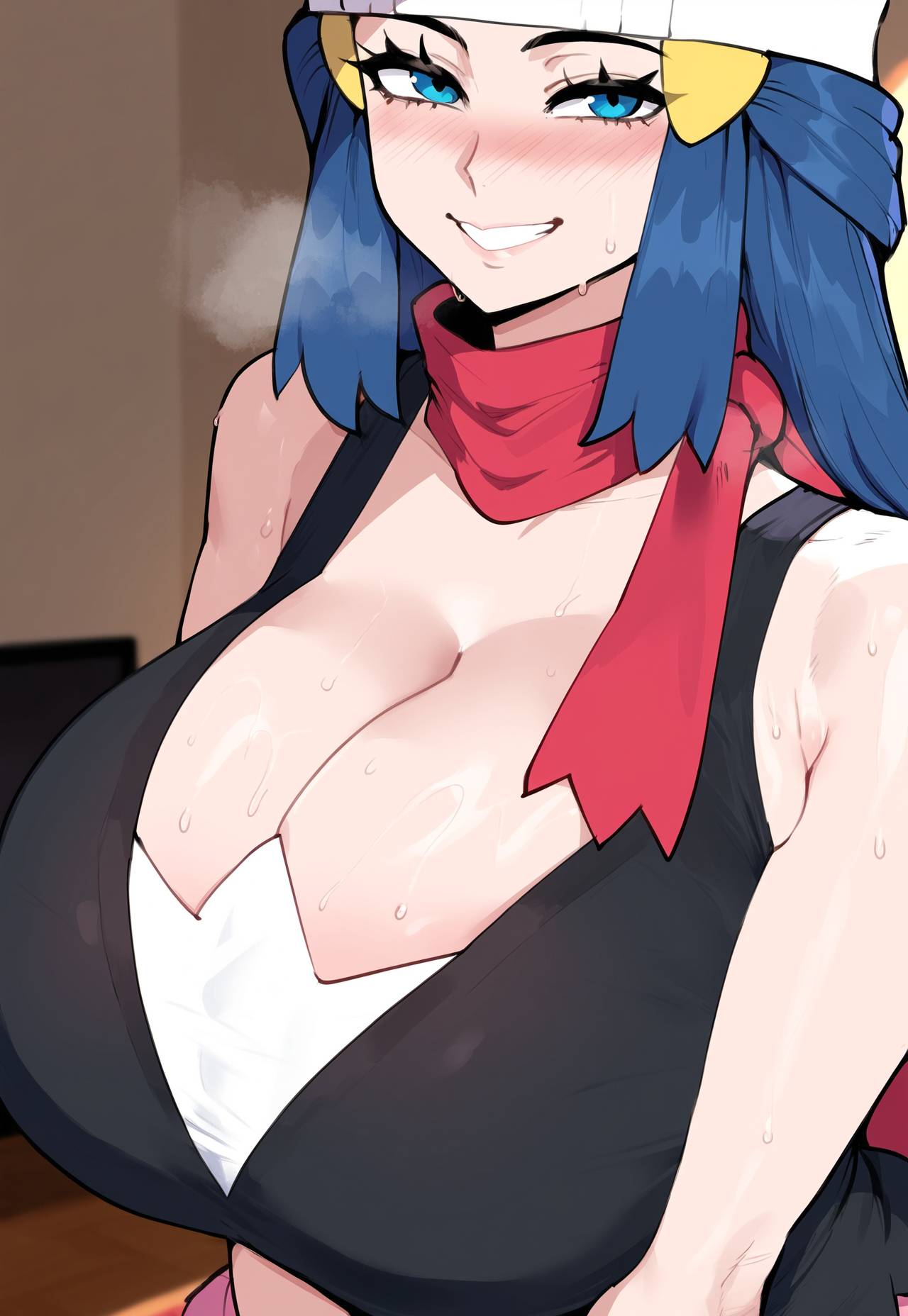 1girls, ai generated, ass, big breasts, blue eyes, blue hair, breasts, dawn (pokemon), female, female focus, hips, huge ass, huge breasts, juuicyai, large breasts, light-skinned female, long hair, pokemon, smiling, wide hips