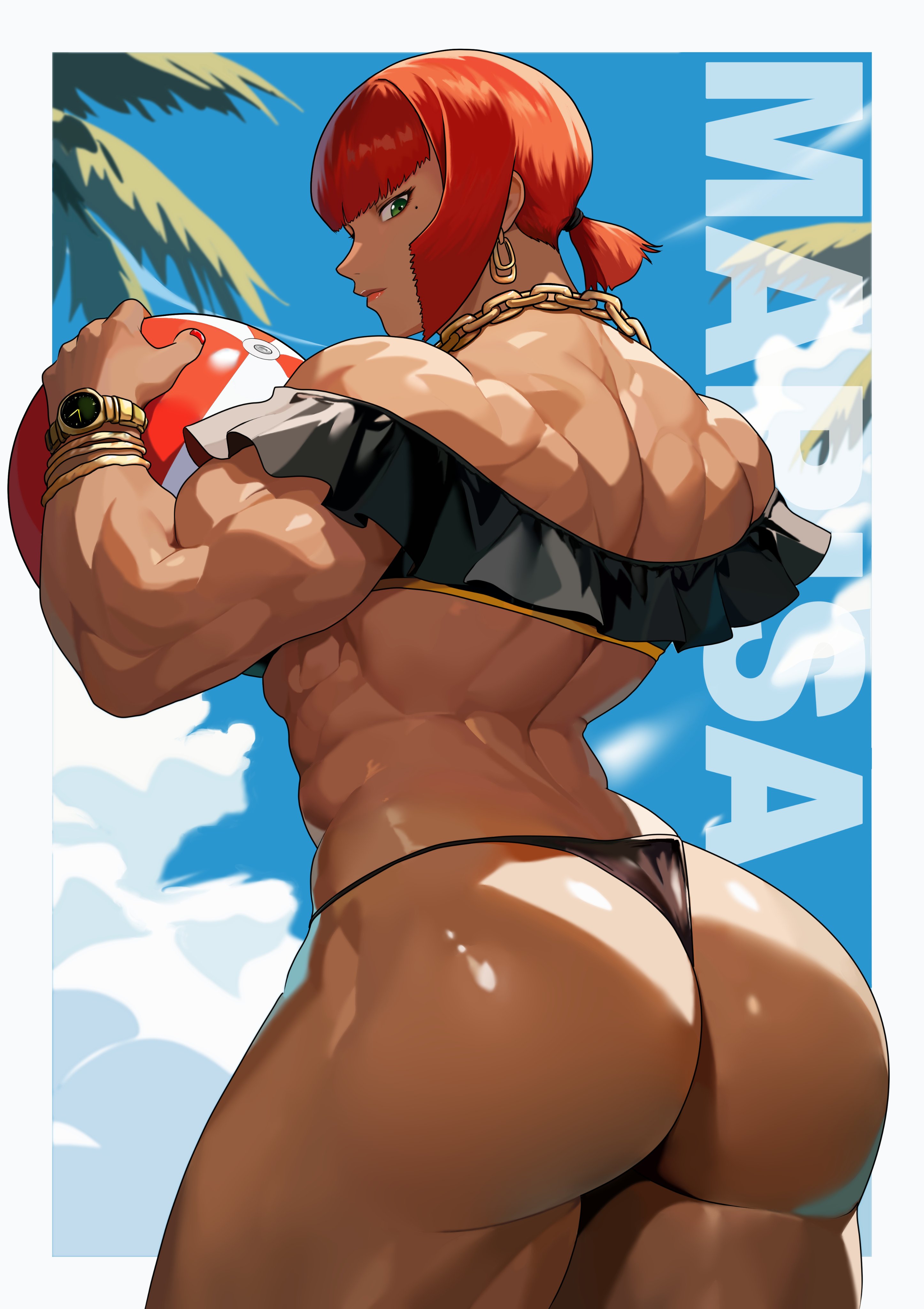 1girls, absurd res, adorable, ass, back muscles, back view, beautiful, big ass, earring, female, green eyes, hi res, looking back, marisa rossetti, mole, mole under eye, muscles, muscular, muscular female, necklace, ponytail, red hair, redhead, redhead female, solo, street fighter, street fighter 6, swimsuit, watch, yagi (joe731842)
