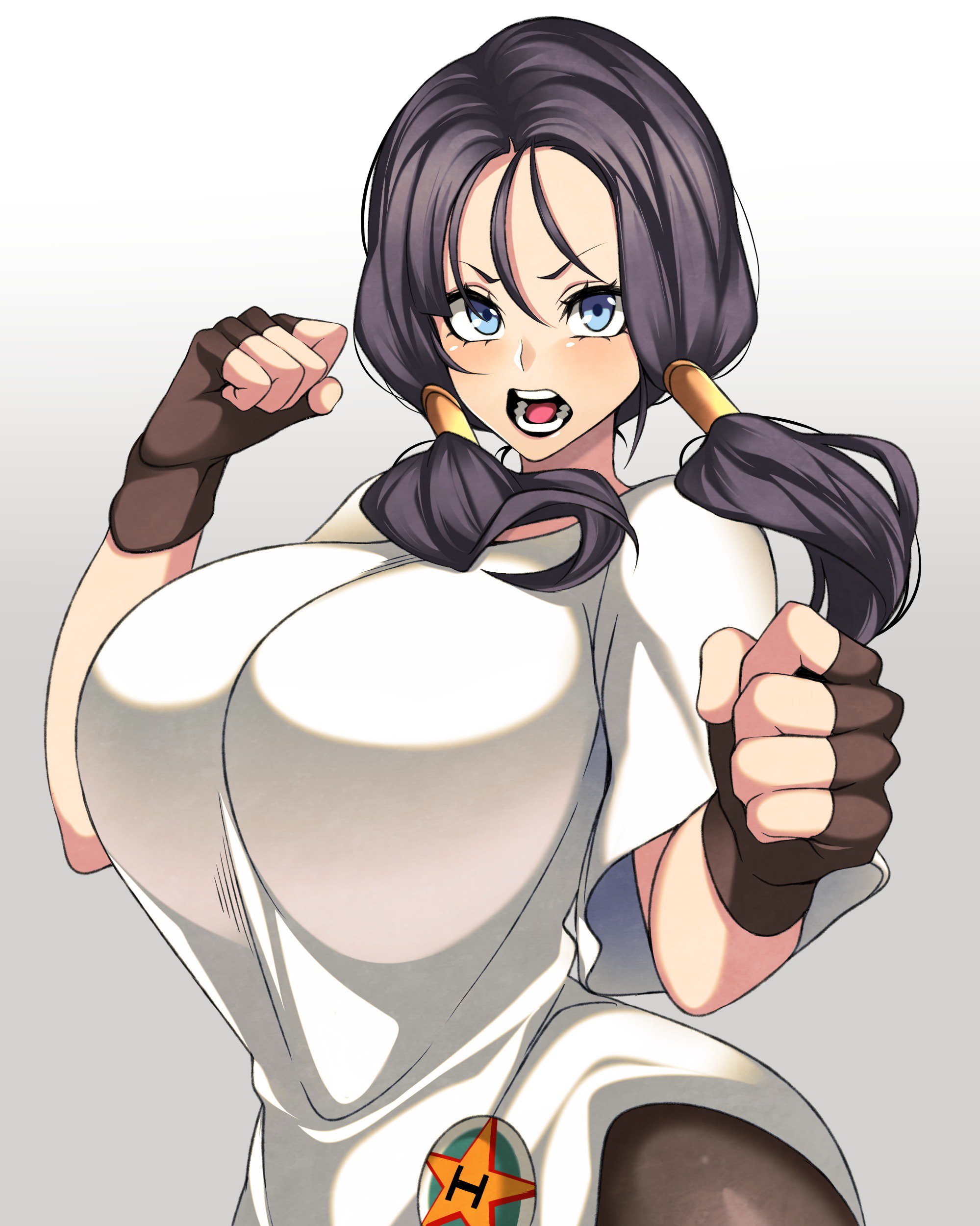 1girls, alternative bust size, badge, black hair, blue eyes, breasts, brown gloves, camui kamui (hz 666v), clothing, dragon ball, dragon ball z, female, female only, fingerless gloves, gloves, hair between eyes, hourglass figure, huge breasts, light skin, light-skinned female, long hair, looking at viewer, open mouth, shirt, short sleeves, simple background, solo, tied hair, twintails, very high resolution, videl, white background, white shirt