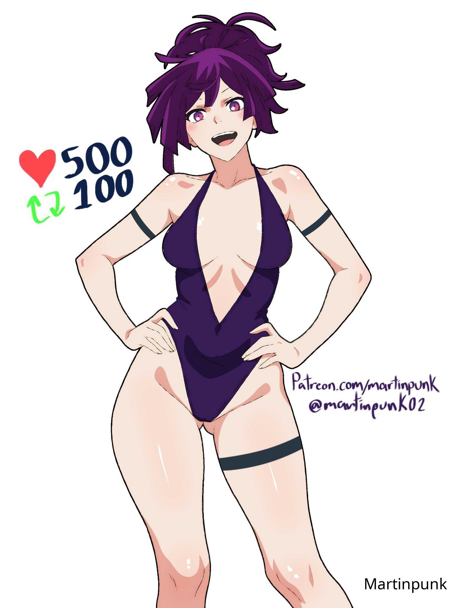 1girls, 2d, 2d (artwork), 2d artwork, adult, adult female, armband, ass visible through thighs, bare armpits, bare arms, bare chest, bare hands, bare hips, bare knees, bare legs, bare midriff, bare shoulders, bare skin, bare thighs, belly, belly button, bewitching thighs, bikini, breasts, breasts apart, butt fang, child bearing hips, collarbone, curvaceous, curvaceous body, curvaceous female, curvaceous figure, curvaceous hips, curvaceous thighs, curvy, curvy body, curvy female, curvy figure, curvy hips, curvy thighs, digital, digital art, digital drawing, digital drawing (artwork), digital media, digital media (artwork), elbows, exposed armpits, exposed arms, exposed chest, exposed hips, exposed knees, exposed legs, exposed midriff, exposed shoulders, exposed skin, exposed thighs, female, female focus, female only, fertile hips, fingernails, fingers, groin, hand on hip, hand on own hip, hand on own waist, hand on waist, hands on hips, hands on own hips, hands on own waist, hands on waist, happy, head tilt, high resolution, highres, hourglass figure, inframammary fold, inguinal crease, inguinal ligament, jigokuraku, knees, lean figure, long hair, looking at viewer, martinpunk, mature, mature female, medium breasts, midriff, narrow waist, navel, one-piece swimsuit, open mouth, open mouth smile, parted lips, ponytail, posing, posing for the viewer, posing naked, posing nude, purple bikini, purple eyes, purple hair, purple one-piece swimsuit, purple swimsuit, purple swimwear, purple-eyed female, purple-haired female, shoulders, simple background, slender body, slender waist, slim waist, smile, smiley face, smiling, smiling at viewer, solo, standing, swimsuit, swimwear, thick thighs, thigh gap, thighs, tilted head, tongue, upper body, upper teeth, white background, wide hips, yuzuriha (jigokuraku)