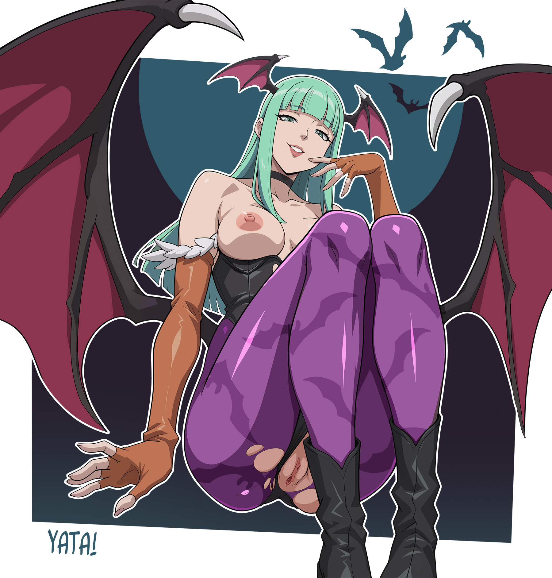 animal print, bat print, breasts, capcom, crossed legs, darkstalkers, demon, demon girl, female, green hair, head wings, heart cutout, leotard, long hair, morrigan aensland, nipples, pantyhose, print pantyhose, purple pantyhose, pussy, sitting, solo, succubus, wings, yatagarasupen