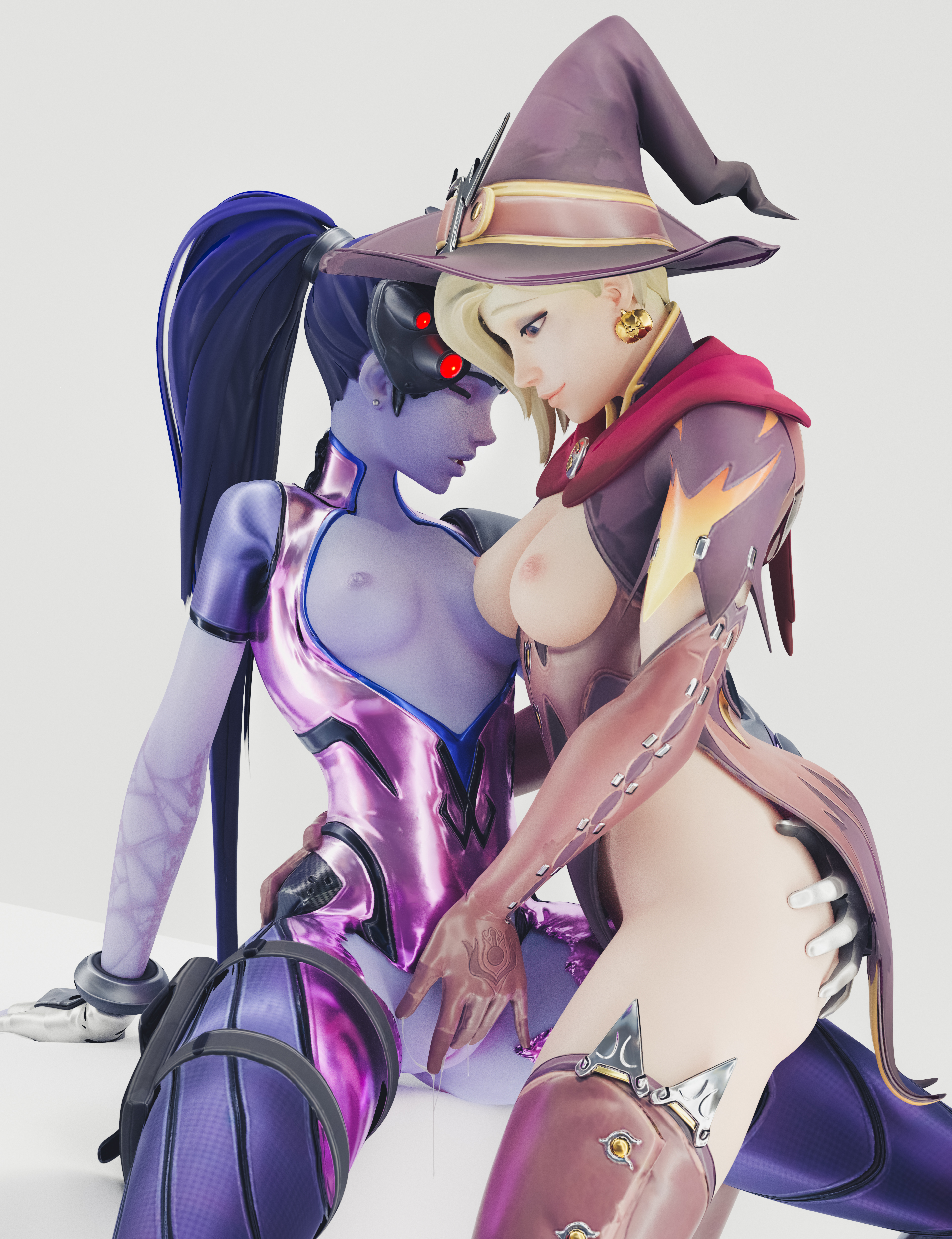 2girls, 3d, alternate costume, blonde hair, blue hair, blue skin, breasts, duo, female, female only, fingering, legs apart, masturbation, mercy, ogling, overwatch, pleasure face, spread legs, taytleor, widowmaker, witch mercy, yuri