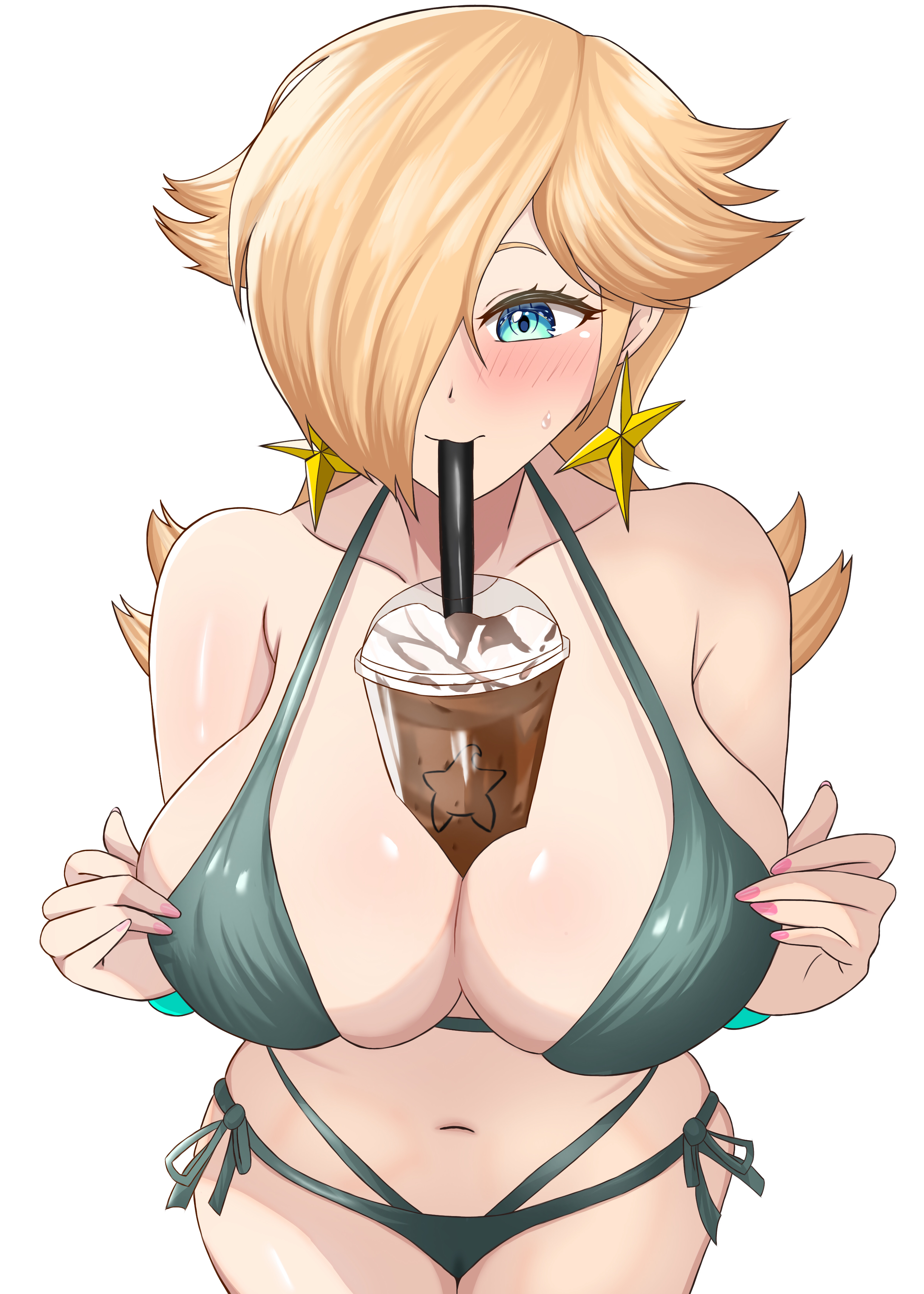 1girls, 2025, absurdres, bikini, blonde hair, blue eyes, blush, boba tea, boba tea challenge, breasts, bubble tea challenge, cleavage, drink, drink on breasts, ear piercing, earrings, enuzemu mldre, female, female only, hair over one eye, highres, large breasts, long hair, looking at viewer, mario (series), mzn, nail polish, navel, nintendo, plain background, princess rosalina, super mario galaxy, thick thighs, white background, wide hips