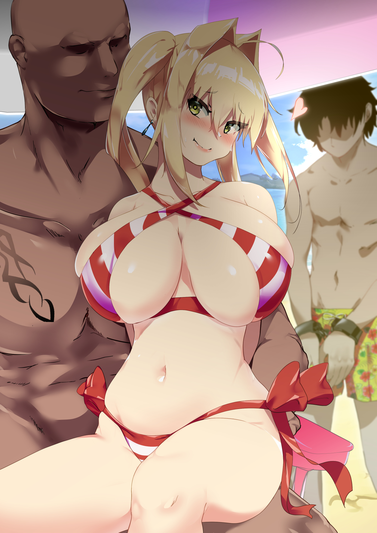 2boys, ahoge, artist request, bald, bangs, beach umbrella, big breasts, bikini, blonde hair, blush, bound, bound wrists, breasts, cheating, cleavage, criss cross top, cuck, cuckold, dark skin, dark-skinned male, faceless male, fate (series), fate/grand order, female, fujimaru ritsuka (male), green eyes, large breasts, light skin, light-skinned female, long hair, male, navel, nero claudius (fate), nero claudius (swimsuit caster), netorare, restrained, side-tie bikini, side-tie panties, sitting on lap, striped bikini, swimsuit, twintails