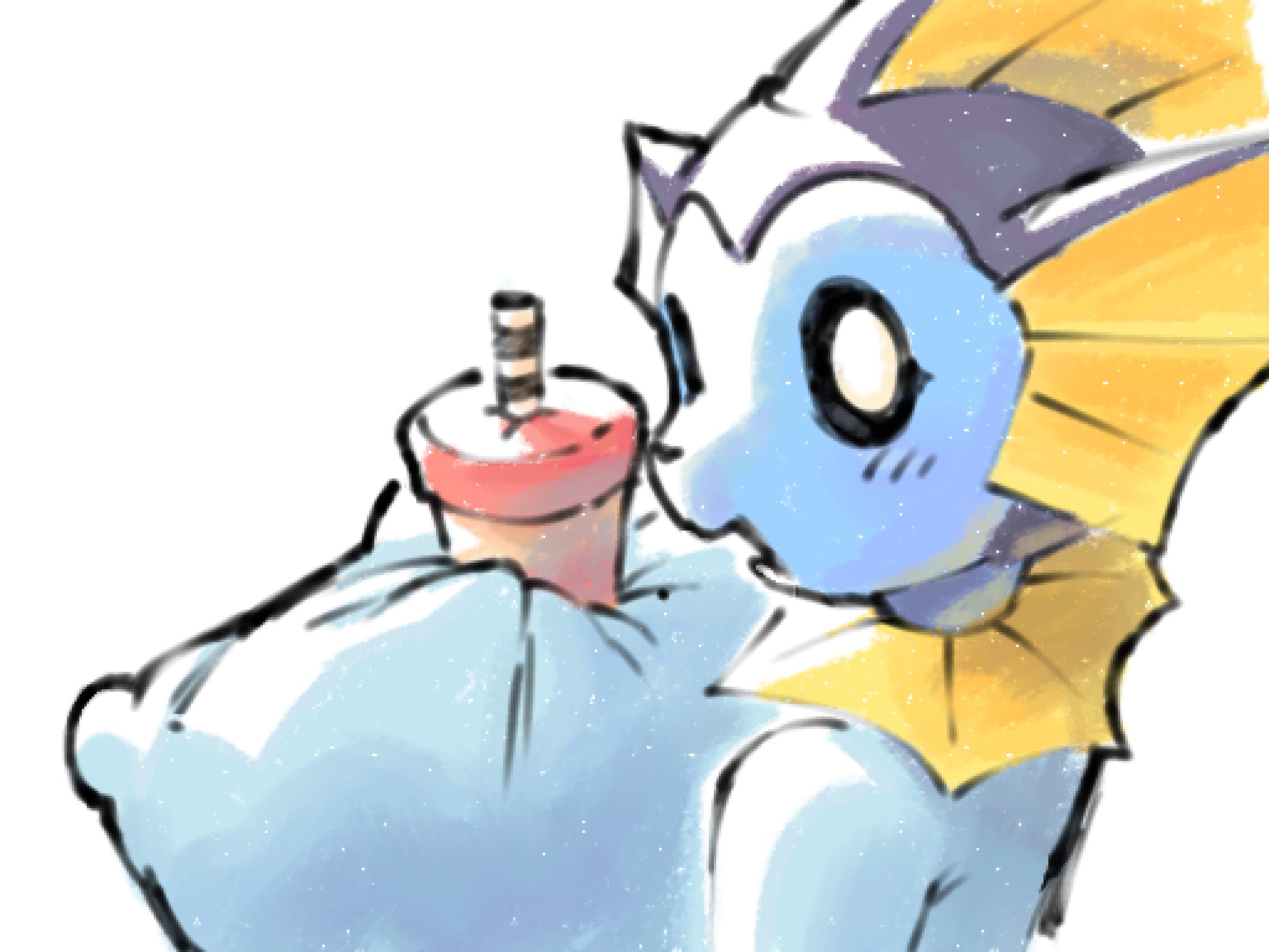 4:3, anthro, between breasts, beverage, big breasts, black sclera, blue body, breasts, container, cup, drink on breasts, eeveelution, female, generation 1 pokemon, hi res, huge breasts, looking back, nintendo, nipple outline, nipples, nucr4r, open mouth, pokemon, pokemon (species), simple background, solo, vaporeon, white background