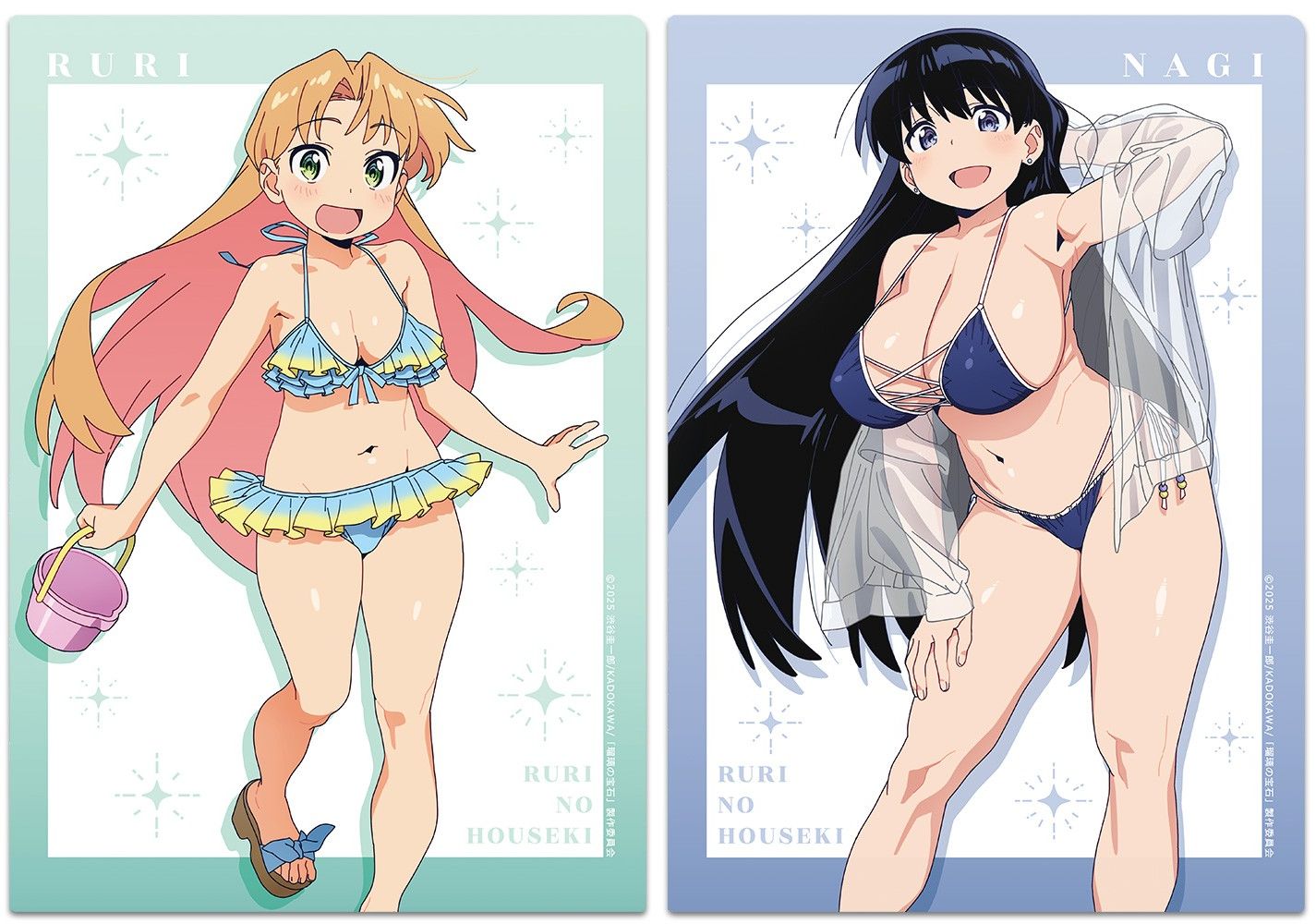 2girls, arato nagi, arm behind head, beachwear, big breasts, bikini, black hair, blonde hair, blue bikini, blue eyes, blush, breasts, character name, cleavage, collarbone, curvy, female, frilled bikini, frills, fujii shingo, green eyes, hand on own thigh, huge breasts, long hair, looking at viewer, merchandise, merchandise available, multiple females, multiple girls, navel, official art, older female, older female and younger female, orange hair, ruri no houseki, sandals, sideboob, small breasts, smile, smiling, smiling at viewer, stomach, swimsuit, tanigawa ruri, thick thighs, thighs, wide hips, yellow bikini, younger female