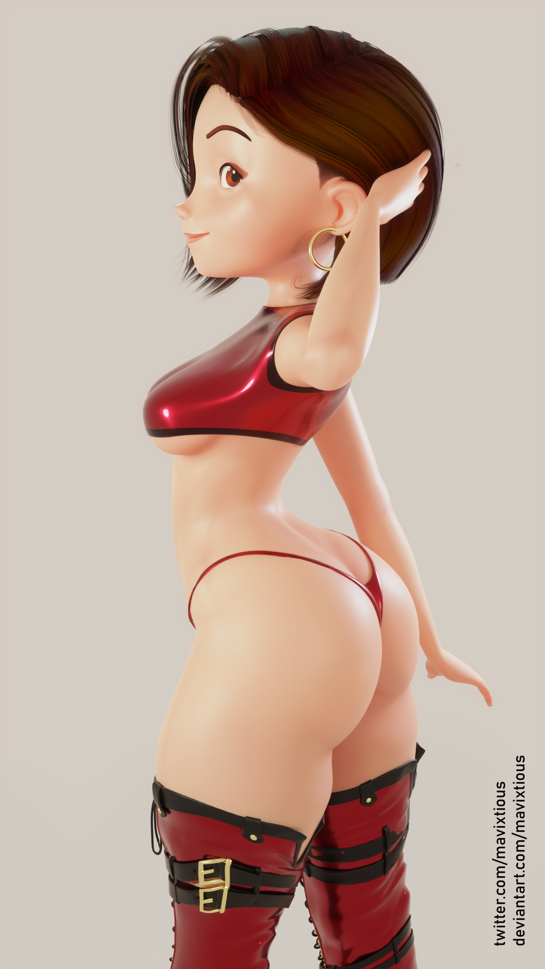 1girls, 3d, ass, breasts, cleavage, clothed, disney, female, female only, helen parr, looking at viewer, looking back, mavixtious, panties, pixar, smooth skin, solo, the incredibles, thighhighs, thong, underboob, underwear
