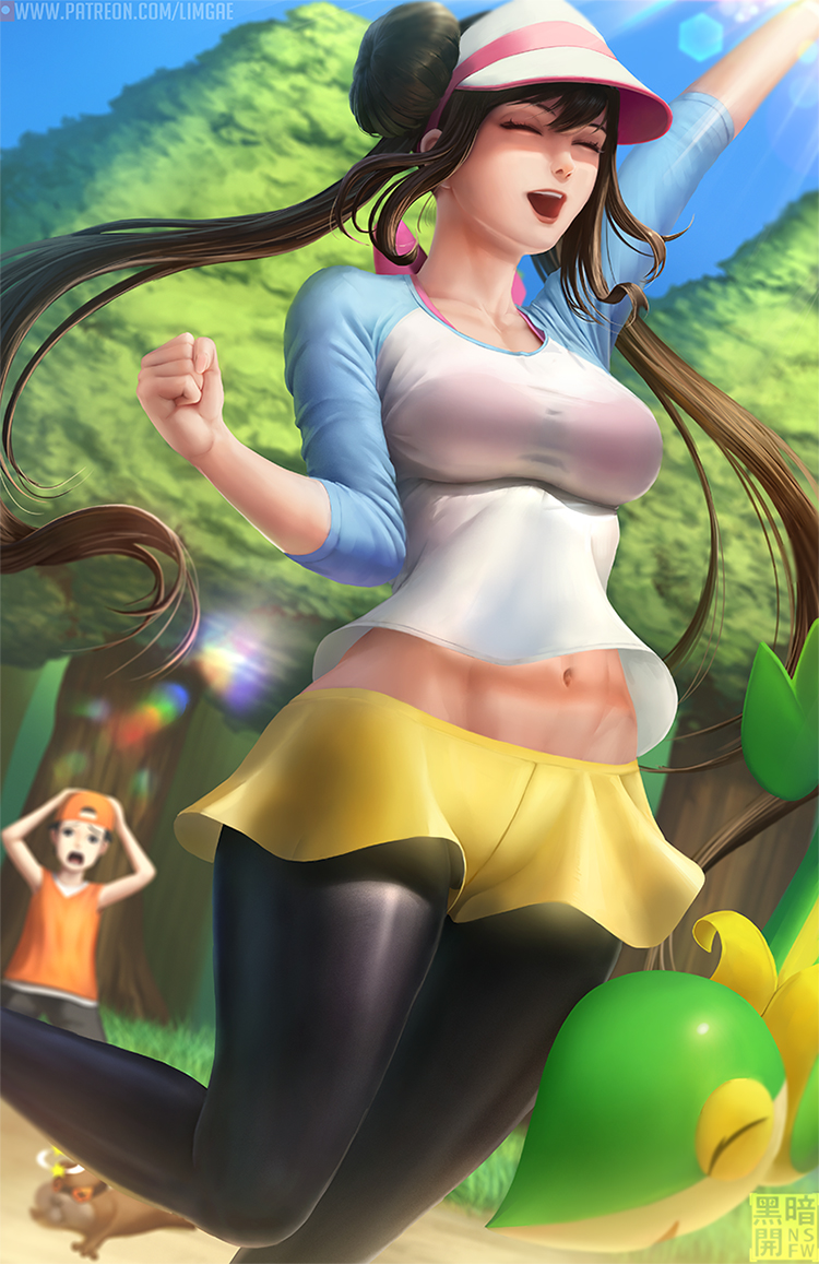 1boy, 1girls, abs, breasts, cleavage, female, limgae, male, open mouth, pantyhose, pokemon, pokemon bw, pokemon bw2, rosa (pokemon), solo focus, twintails