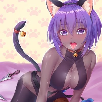 artist request, blush, cat ears, cat girl, catgirl, fate (series), fate/grand order, female, female only, hassan of serenity (fate), looking at viewer, lowres, open mouth, purple hair, saliva, source request, tagme