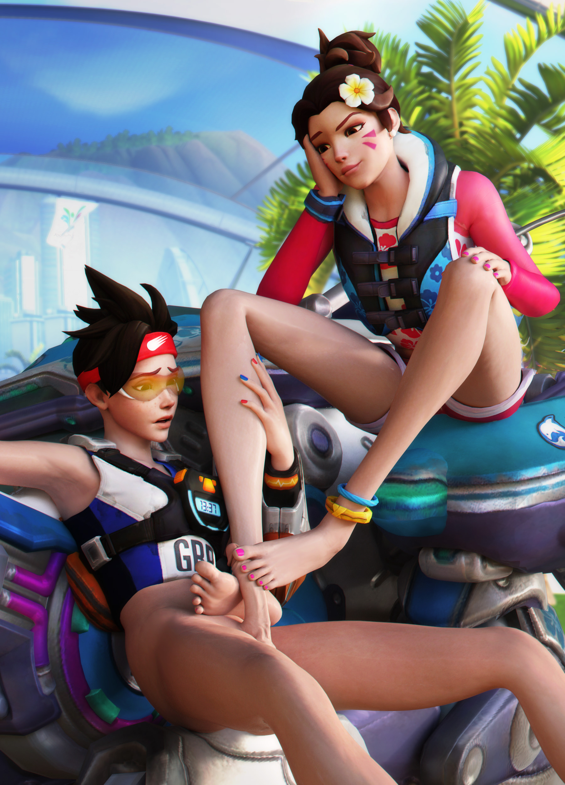 1futa, 1girls, 3d, alternate costume, brown eyes, brown hair, d.va, dawadd, duo, feet, female, female on futa, foot fetish, footjob, futa on female, futanari, intersex, legs, overwatch, pink toenails, soles, toes, tracer, track and field tracer, waveracer d.va