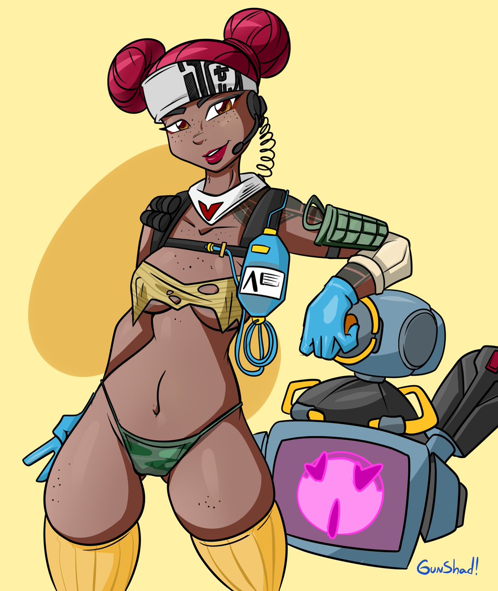 1girls, amber eyes, apex legends, artist signature, bandana, breasts, dahs, dark skin, dark-skinned female, digital media (artwork), drone, female, female only, freckles, gloves, headgear, human, human only, leaning, legs, lifeline (apex legends), panties, partially clothed, partially nude, pink hair, ripped clothing, scarf, sideboob, signature, solo, solo female, solo focus, thighs, twitter, video games