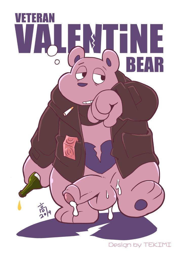 2019 anthro balls cum english_text humanoid_hands humanoid_penis male male_only mammal penis simple_background slightly_chubby smoking solo takataka teeth text ursid veteran_valentine_bear white_background