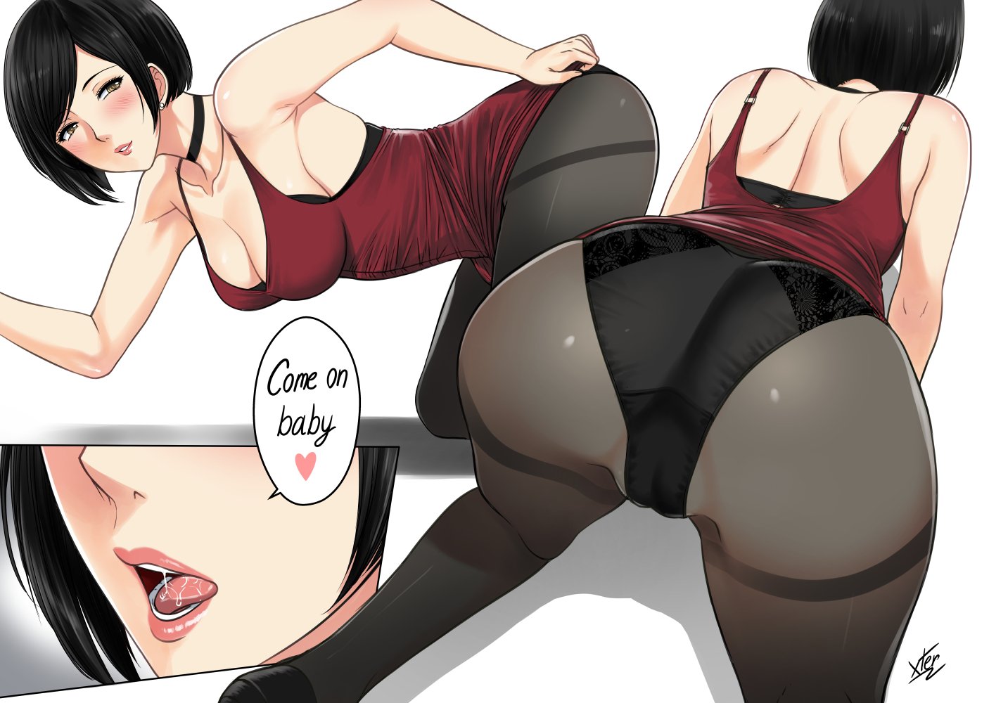 ada wong, ada wong (adriana), all fours, ass, biohazard, breasts, capcom, cleavage, dress, dress lift, female, female only, panties, pantyhose, presenting, resident evil, resident evil 2, resident evil 2 remake, solo, speech bubble, text, xtermination