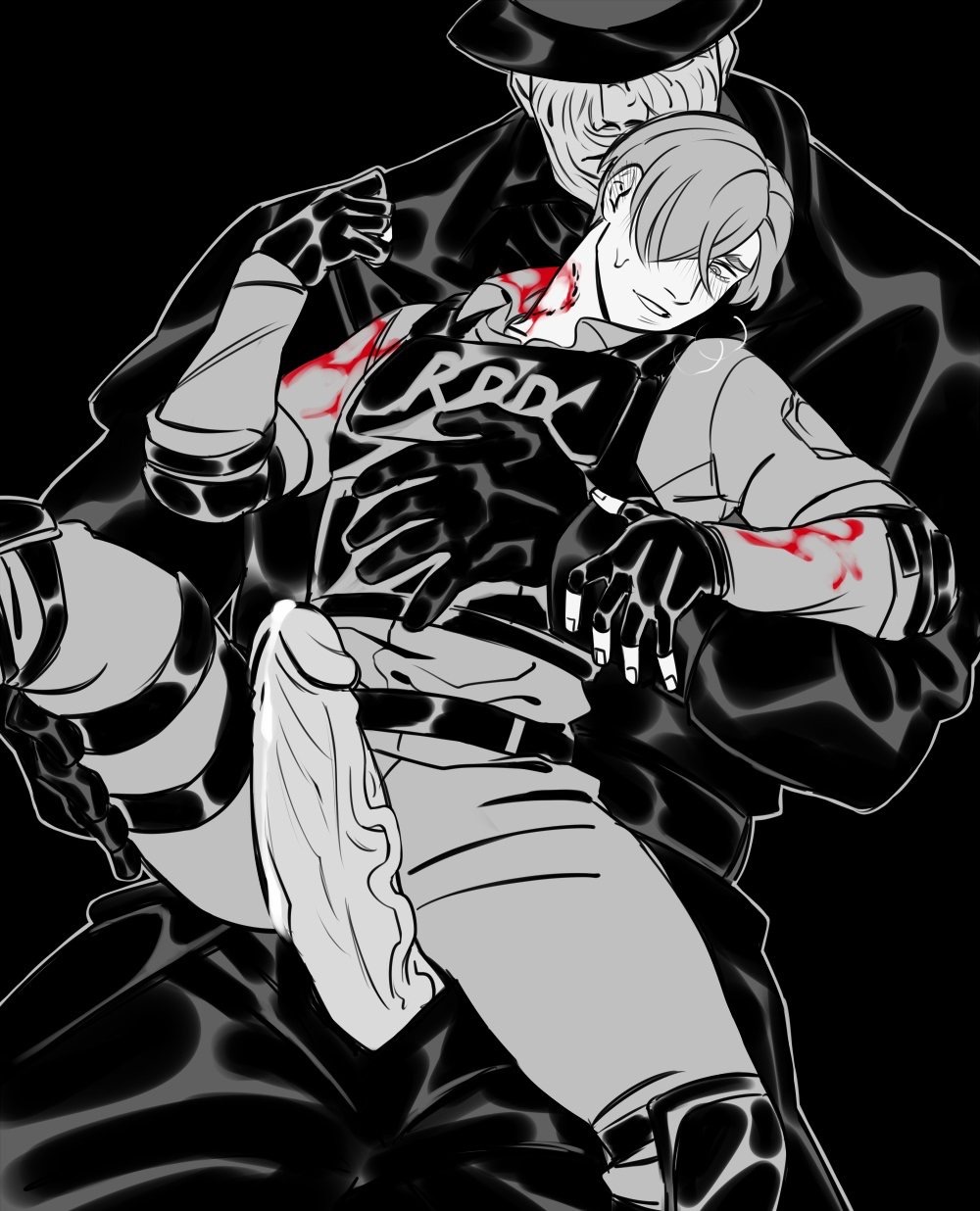2boys, bara, blood, capcom, erection, fedora, grin, hat, highres, large penis, leon scott kennedy, lifting, male, male focus, male only, monster on male, mr x, multiple boys, multiple males, penis, police, resident evil, resident evil 2, resident evil 2 remake, size difference, smile, tyrant, tyranted, yaoi