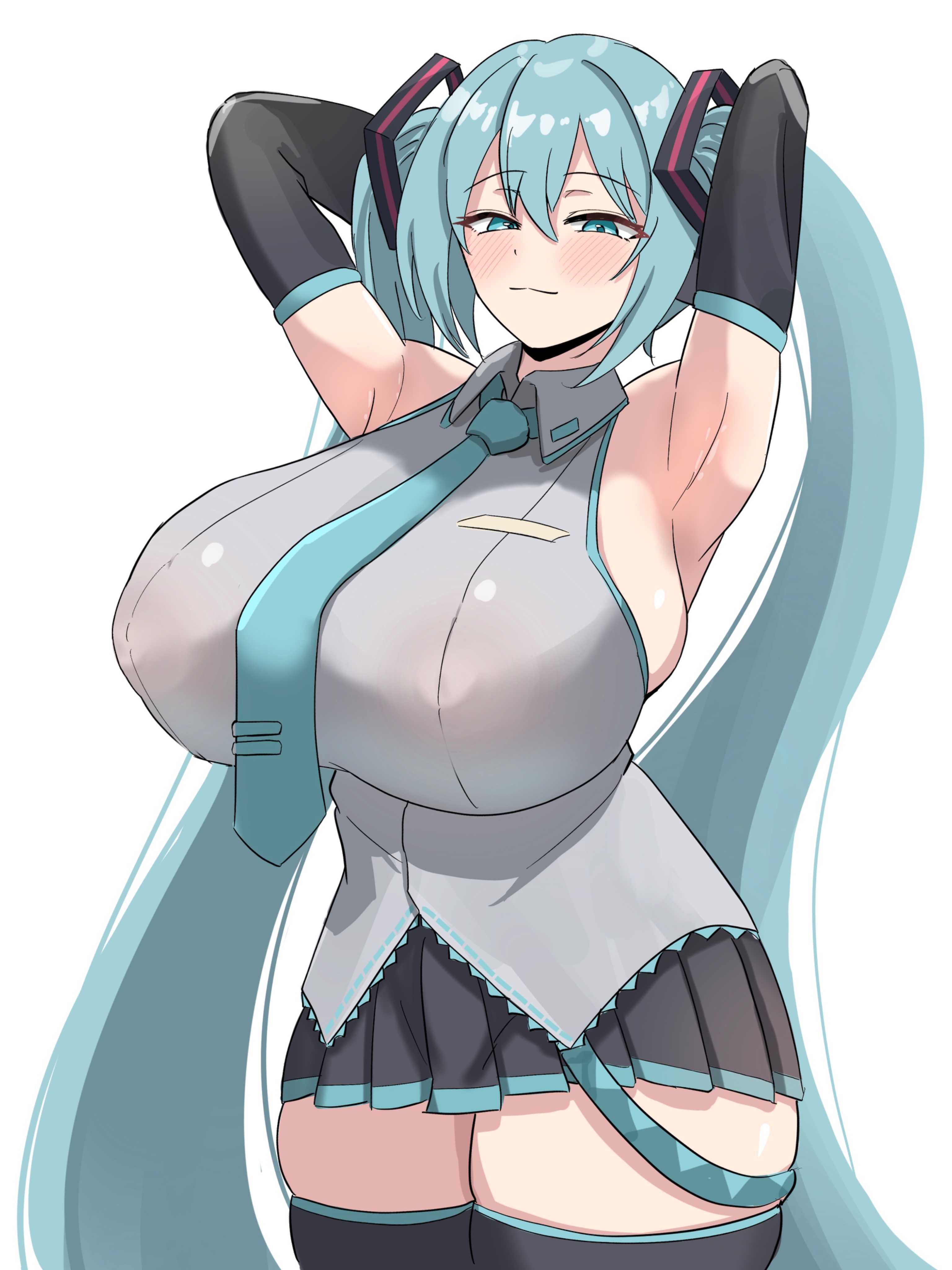 armpits, arms behind head, blush, closed mouth, cowboy shot, gigantic breasts, hatsune miku, hatsune miku (original), hyper breasts, looking at viewer, nipple bulge, see-through, smile, smug, standing, vocaloid