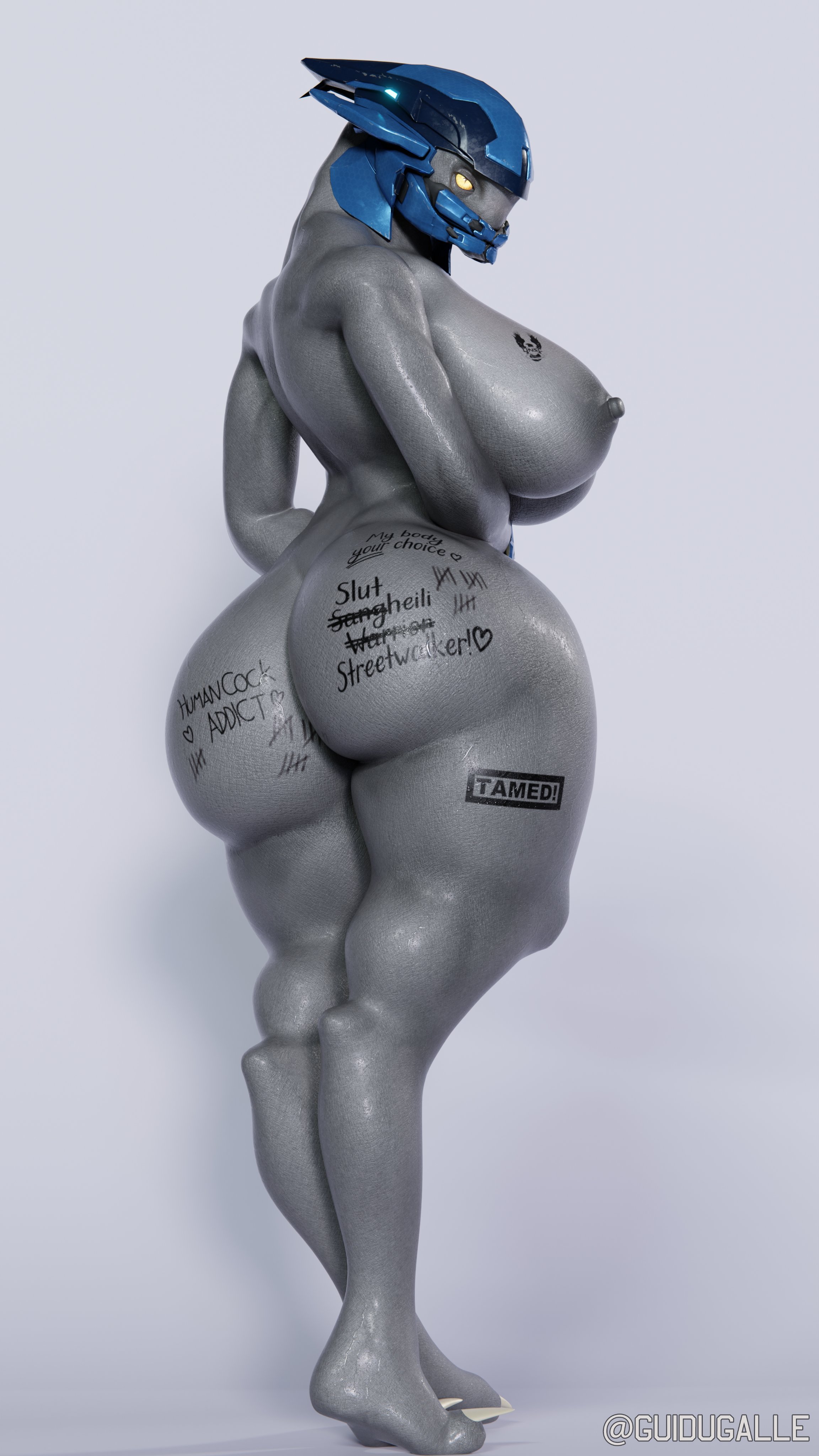 1girl, 1girls, 3d, 3d (artwork), alien, alien girl, alien humanoid, alternate version available, areola, areolae, armor, armored female, ass, big ass, big breasts, blue armor, body writing, breasts, curvaceous, curvaceous figure, curvy, curvy body, curvy female, curvy figure, elite (halo), erect nipples, female, female focus, female only, female sangheili, grey areola, grey nipples, guidugalle, guimontag, halo (series), helmet, high quality, high resolution, highres, hips, human is better, large ass, large breasts, nipples, partially clothed, raceplay, sangheili, simple background, solo, solo female, solo focus, standing, tattoo, tattoo on breast, tattoo on butt, tattoos, thick thighs, thighs, wide hips, yellow eyes