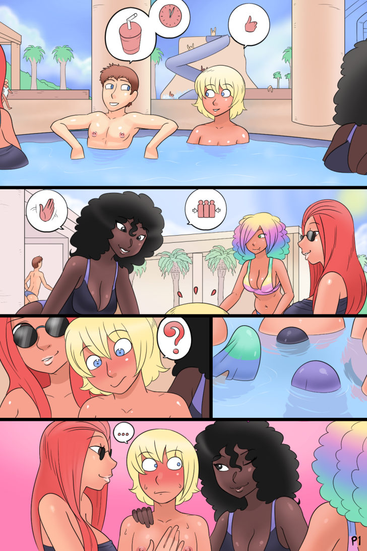 ... anders_(nobody_in_particular) bikini blushing blushing_profusely breasts bulge bulge_through_clothing cleavage comic dark-skinned_futanari dark_skin dickgirl futa_on_male futadom futanari intersex male malesub nobody_in_particular original original_character penis water water_slide