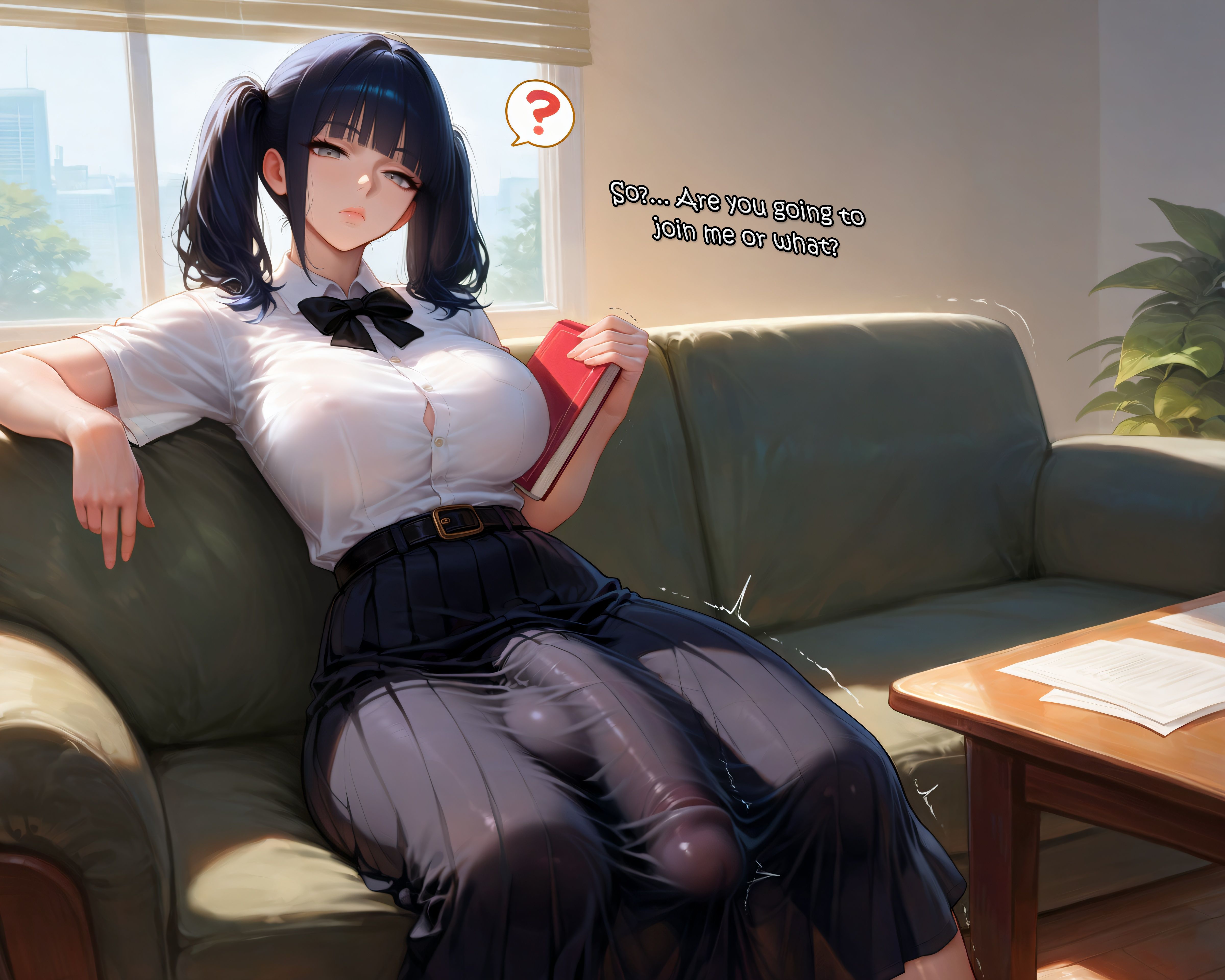 ?, 1futa, absurdres, ai generated, amiiari, bangs, big breasts, big penis, black skirt, book, bow, bowtie, breasts, bulge, bulge through clothing, button gap, closed mouth, collared shirt, couch, covered penis, covered testicles, dark blue hair, english text, erection, erection under clothes, futanari, grey eyes, holding, holding book, indoors, large breasts, long penis, looking at viewer, massive penis, on couch, penis outline, penis to the knees, pleated skirt, school uniform, shirt, shirt tucked in, short sleeves, sidelocks, sitting, skindentation, skirt, solo, spoken question mark, table, thick thighs, trembling, twintails, vein, voluptuous, white shirt