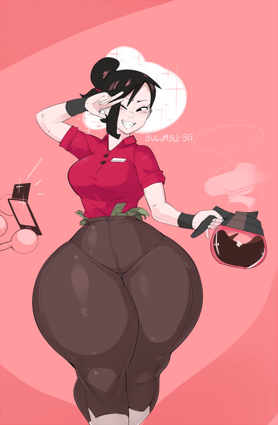 1girls barista black_hair bottom_heavy breasts bulumble-bee clothing coffee female female_only fully_clothed huge_thighs mizuki_(bulumble-bee) money phone ponytail pose posing public smile solo teeth thick_thighs thighs wrist_cuffs