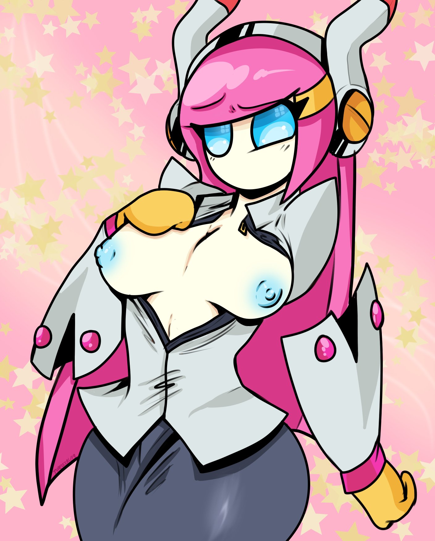 blue eyes, breasts, breasts out, disembodied hand, drekartubegirl, female, kirby (series), kirby planet robobot, kirby star allies, mouthless, mouthless female, open clothes, pink hair, solo, susanna patrya haltmann, susie (kirby), tagme