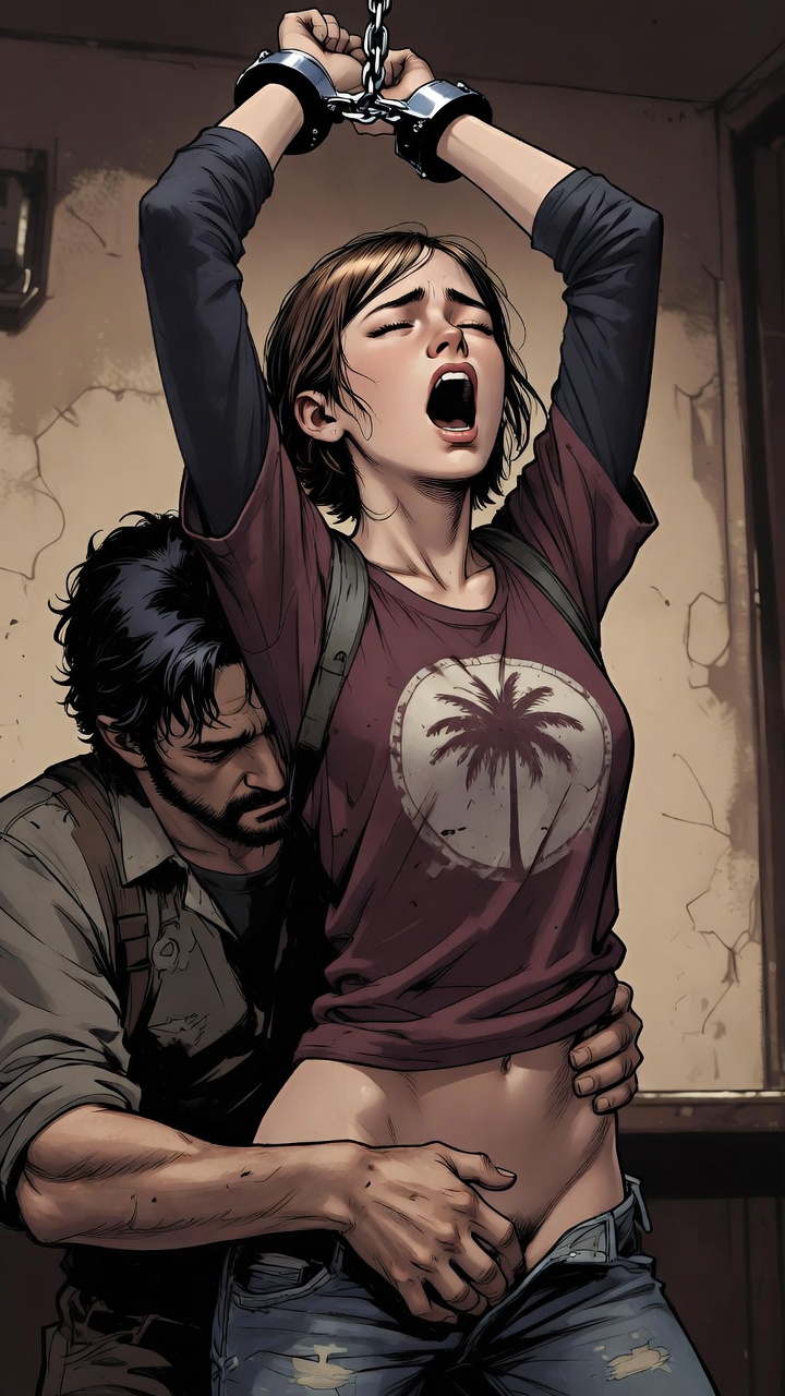 1boy, 1girls, 2d, ai generated, arms up, bdsm, bondage, captured, captured female, captured heroine, ellie (the last of us), ellie williams, female, fingered from behind, fingering partner, fingering pussy, hairy pussy, handcuffs, imminent rape, jeans, jeans down, joel miller, male, mcgroin83, medium breasts, mouth open, pants, pants down, pants open, petite, pubic hair, red shirt, shirt, small breasts, the last of us, wrists bound