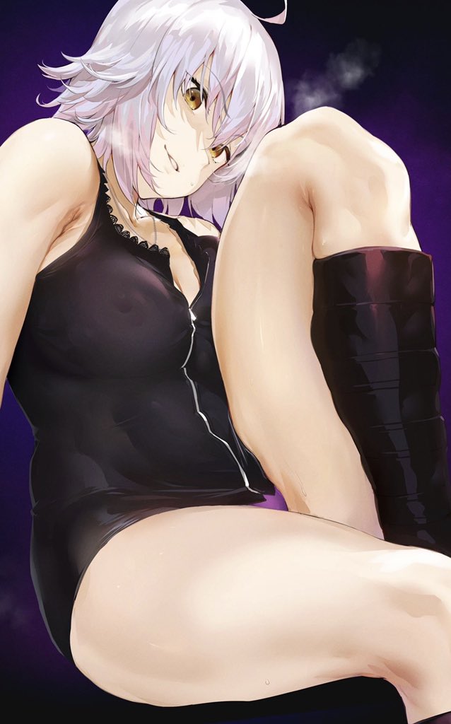 areolae, big breasts, breasts, fate (series), fate/grand order, female, female only, iku (ikuchan kaoru), jeanne alter, large breasts, looking at viewer, nipples, short hair, solo, thighs, white hair, yellow eyes, zettai ryouiki