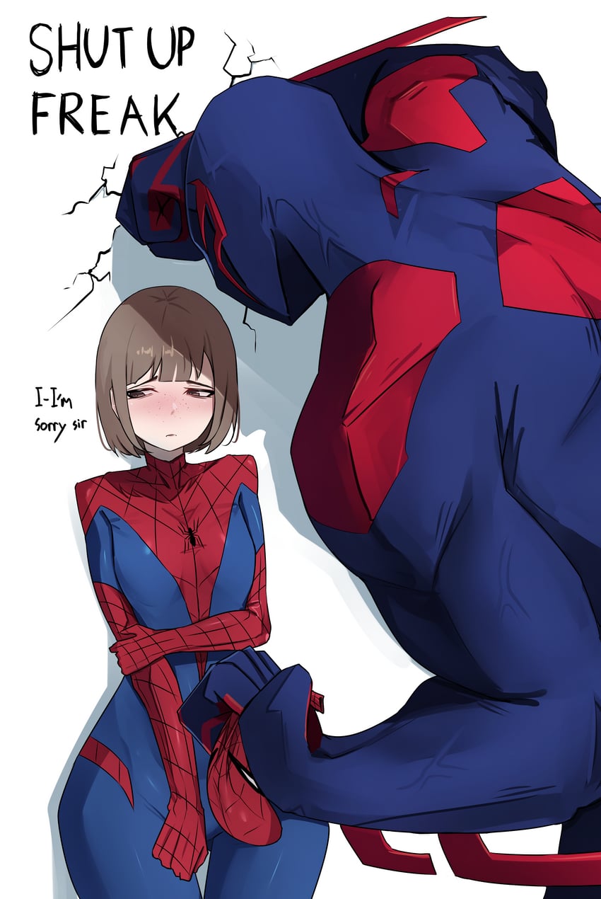 1boy, 1girl, 1girls, angry, blush, blushing, bodysuit, breasts, broken wall, dominant, dominant male, domination, female, female focus, freak, male, marvel, mask, masked, miguel o'hara, petra parker, scolding, spider-man (series), spiderman 2099 (character), spiderverse, suit, transphobia, wall