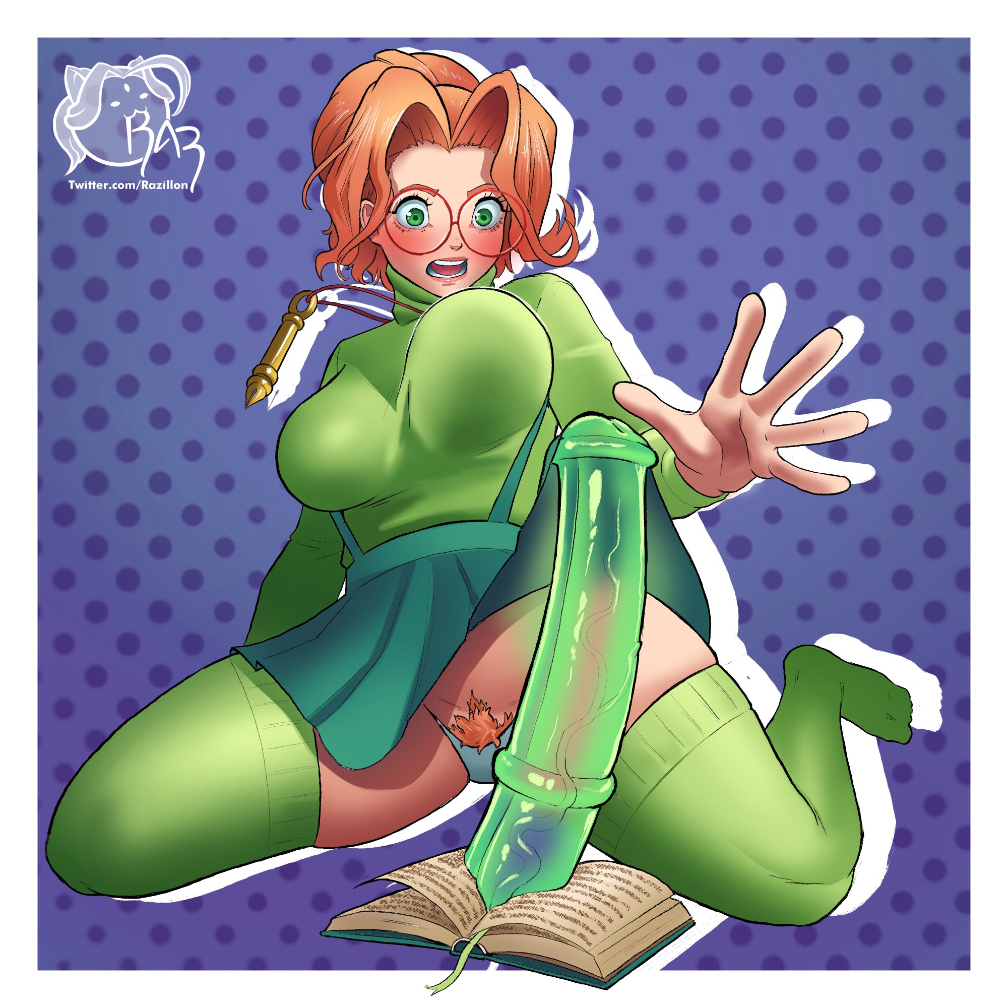 1girls, big breasts, blush, book, deadlock, female, female only, glasses, green eyes, green thighhighs, hi res, horsecock, legwear, long penis, orange hair, orange pubic hair, paige (deadlock), penis, pubic hair, razillon, round glasses, shocked, shocked expression, sitting, solo, summoning, thick thighs, thighhighs