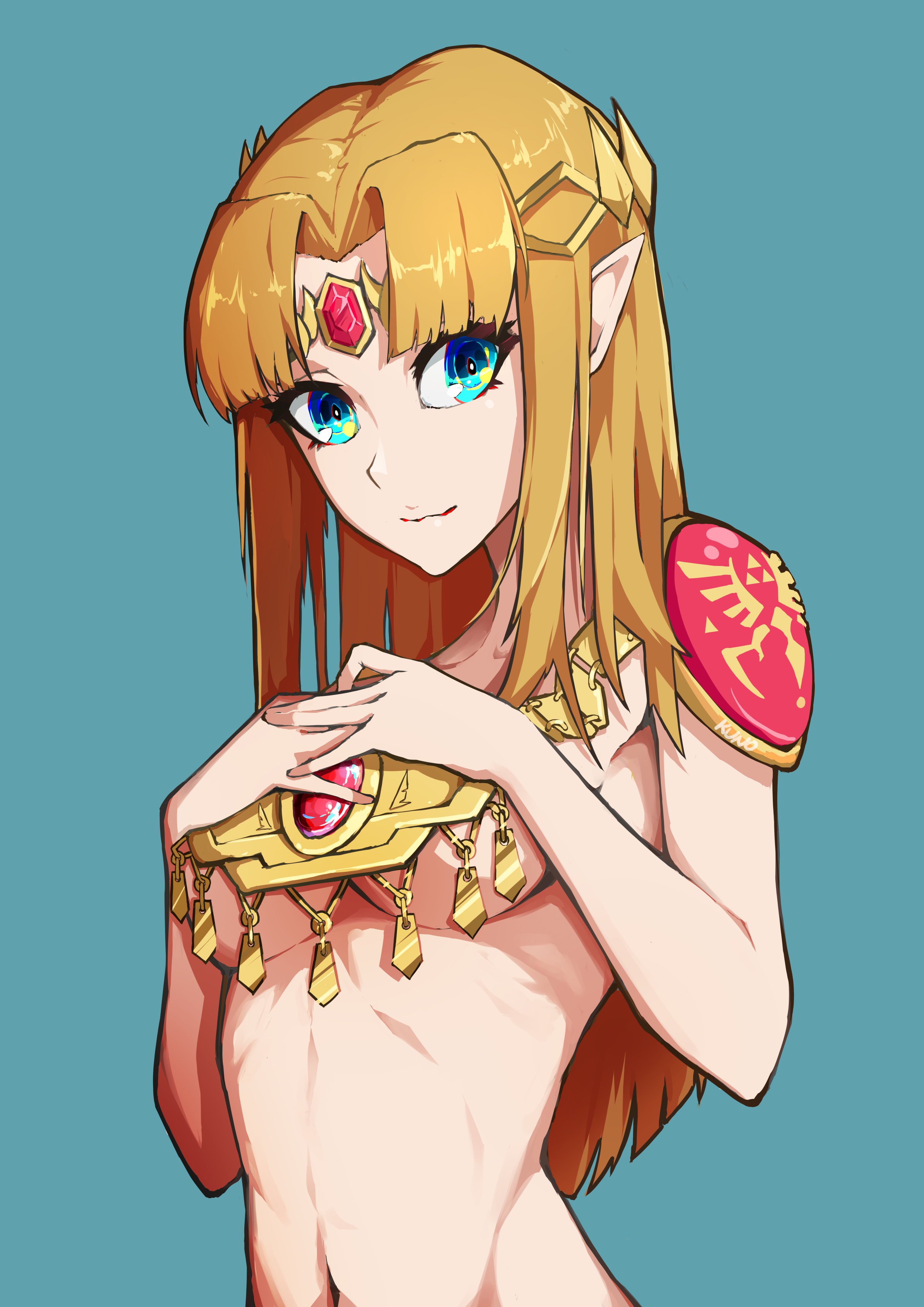 a link between worlds, blonde hair, blue background, blue eyes, breasts, female, holding breast, kun0, looking at viewer, necklace, nintendo, pointy ears, princess zelda, shoulder pads, sideboob, super smash bros., the legend of zelda, underboob, zelda (a link between worlds)