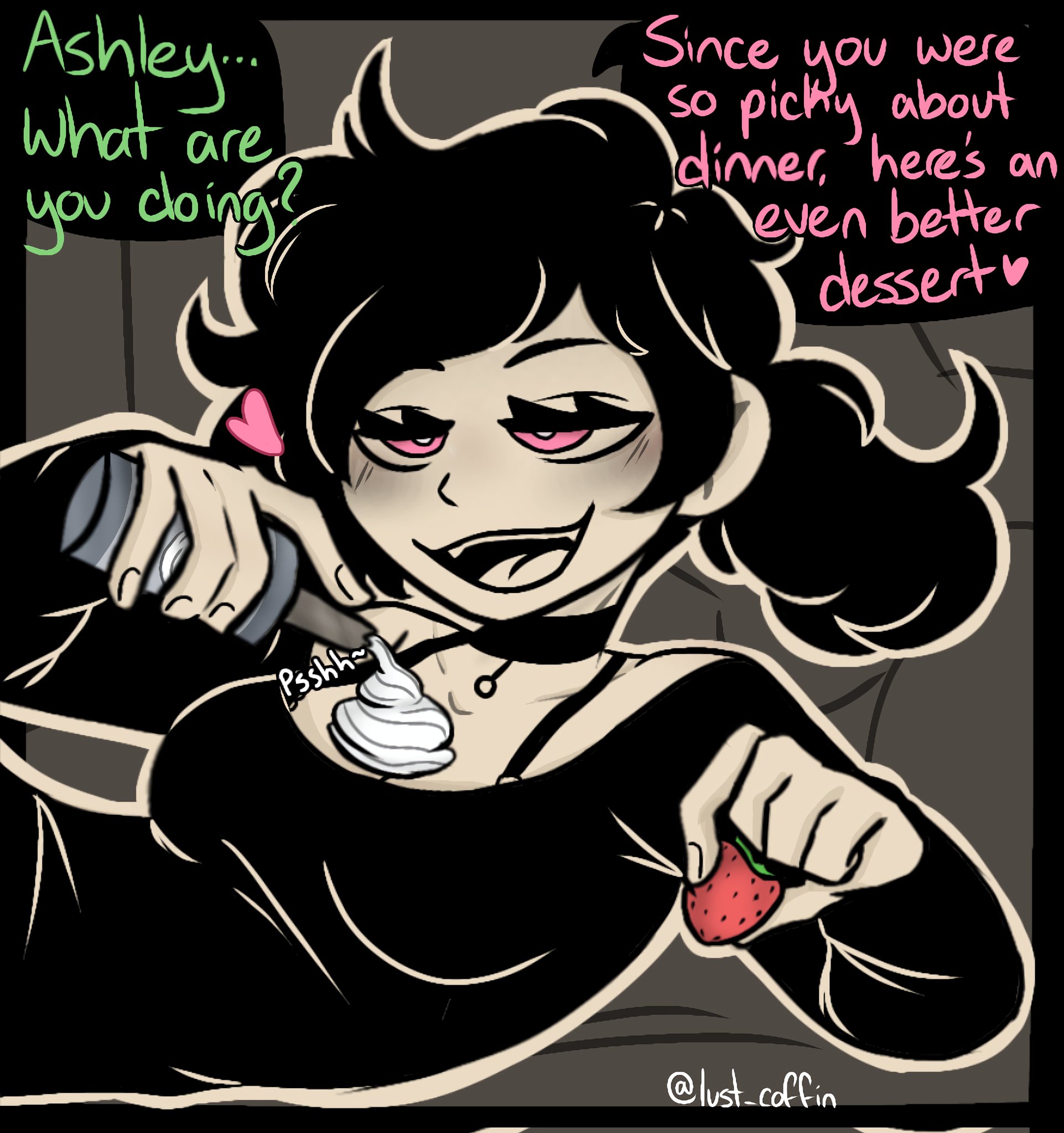 1boy, 1girls, 2d, andrew graves, ashley graves, black hair, blush, breasts, brother and sister, choker, cleavage, clothed, dessert, dialogue, english text, female, incest, lust coffin, male, pink eyes, ponytail, siblings, straight, strawberry, tease, teasing, the coffin of andy and leyley, whipped cream, whipped cream on breasts
