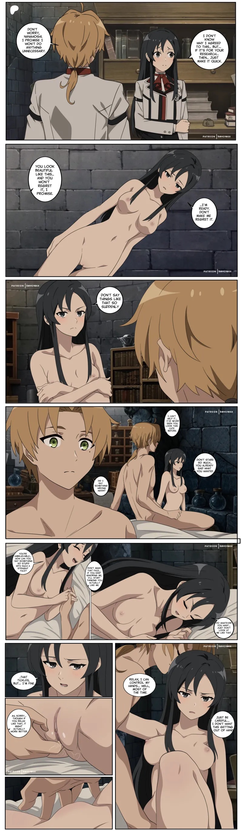 1girls, black hair, blonde hair, brown eyes, comic, fingering, green eyes, kevcrexx, long hair, medium breasts, mushoku tensei, mushoku tensei: isekai ittara honki dasu, nanahoshi shizuka, rudeus greyrat, short hair